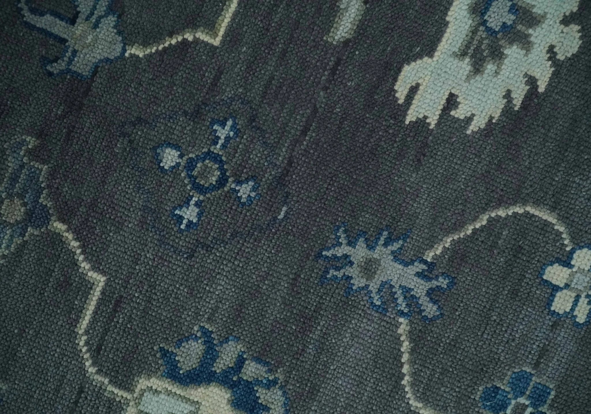 Antique Hand Knotted Oushak Charcoal and Blue Traditional Area Rug - Image 4