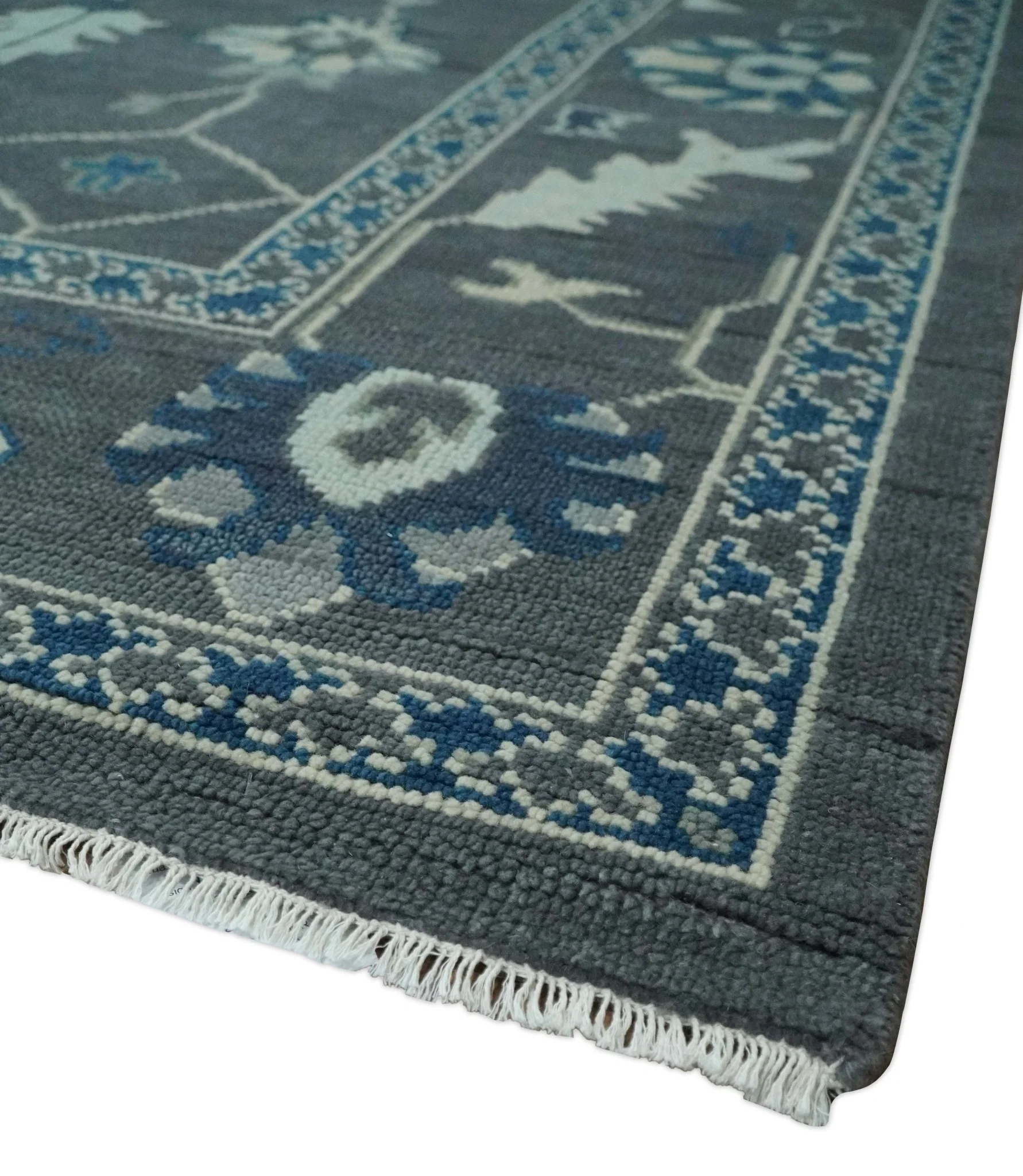 Antique Hand Knotted Oushak Charcoal and Blue Traditional Area Rug - Image 5