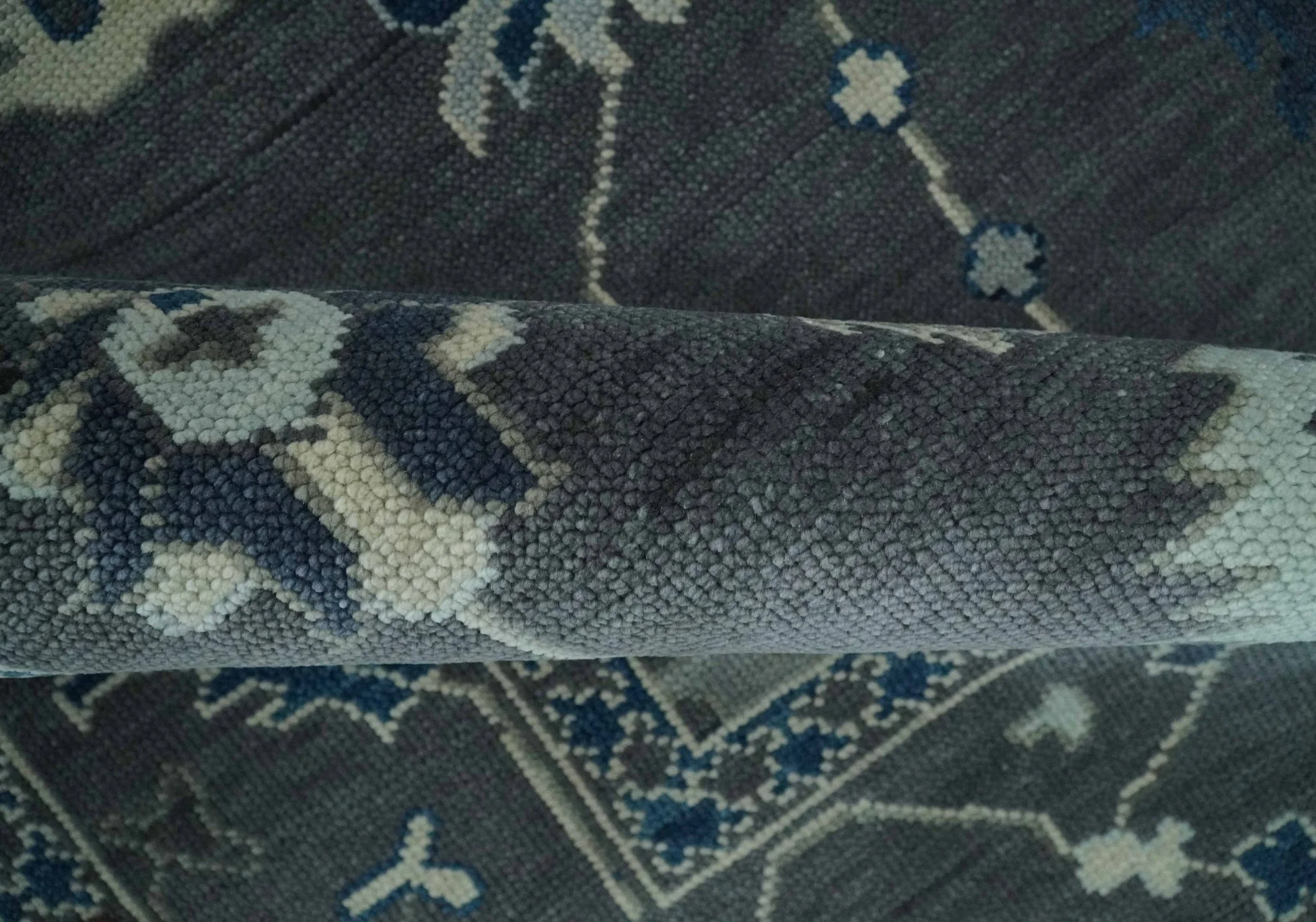 Antique Hand Knotted Oushak Charcoal and Blue Traditional Area Rug - Image 6