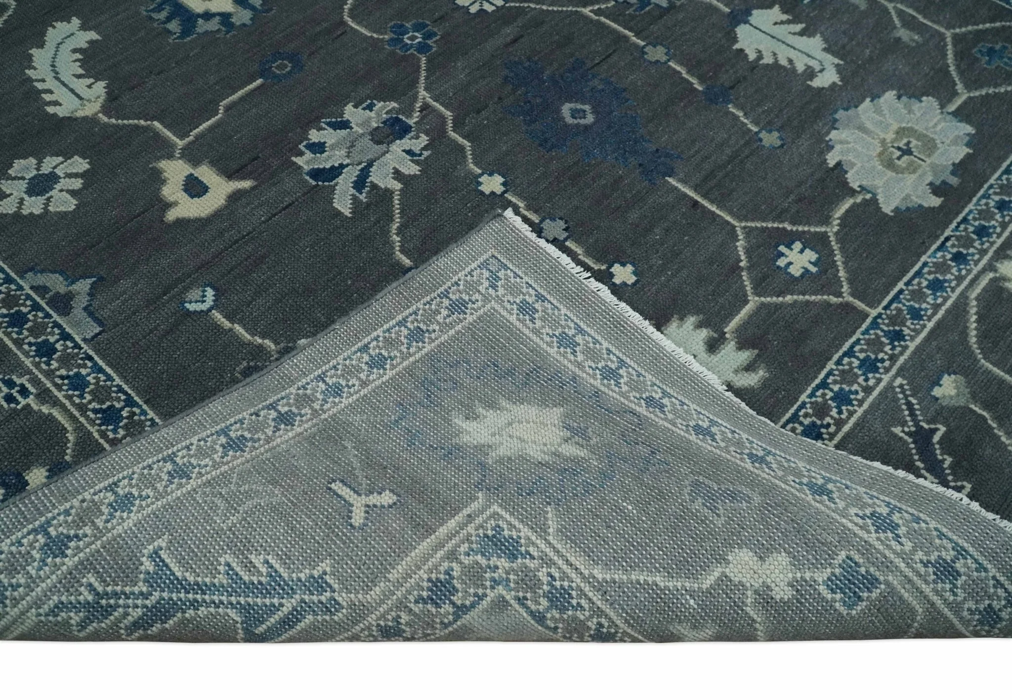 Antique Hand Knotted Oushak Charcoal and Blue Traditional Area Rug - Image 7