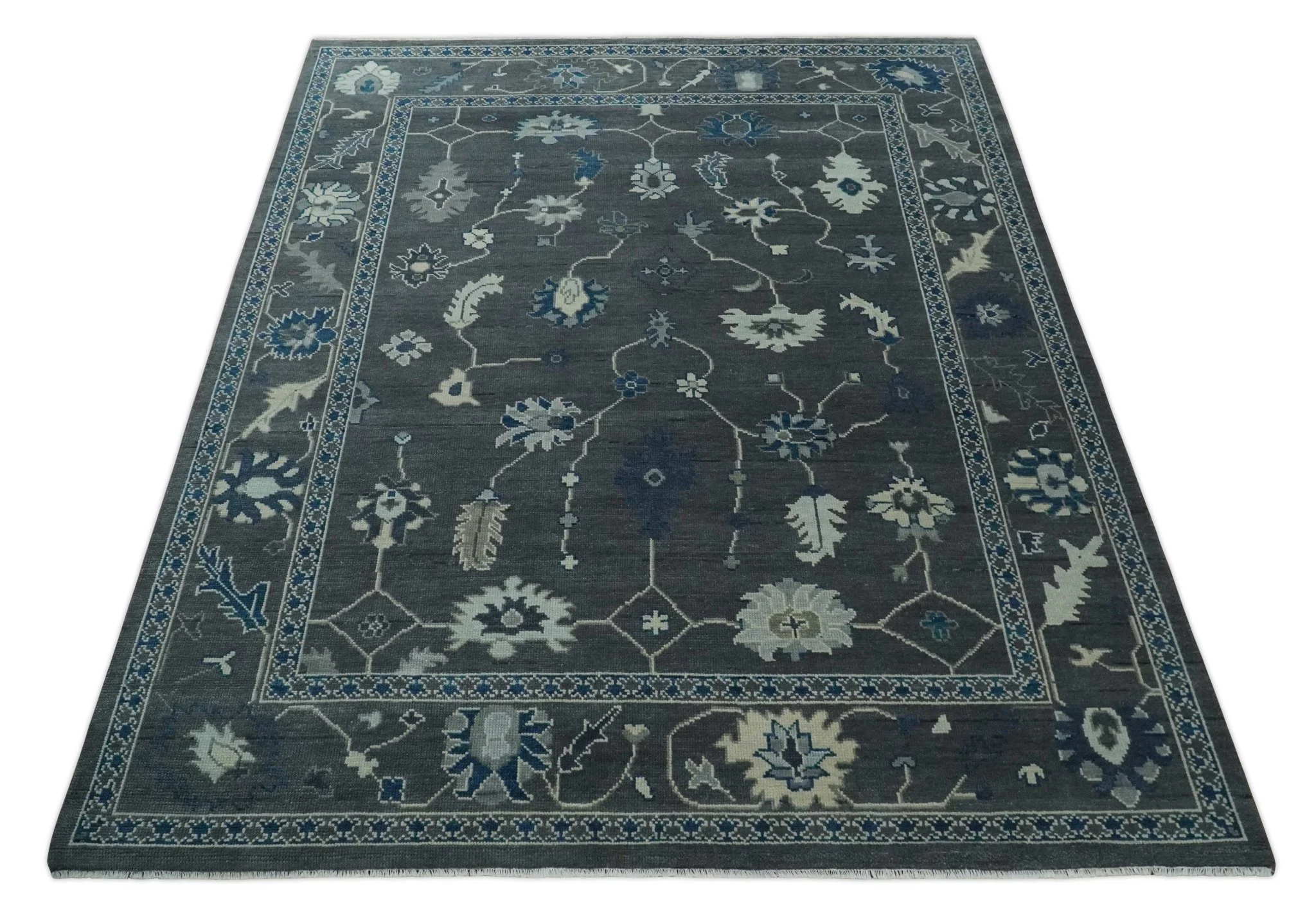 Antique Hand Knotted Oushak Charcoal and Blue Traditional Area Rug - Image 9