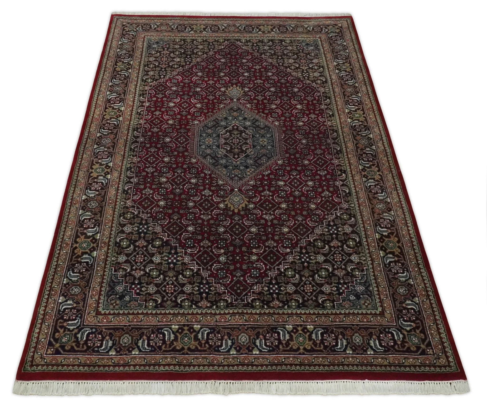 5x7 Antique Persian Hand Knotted Maroon, Black and Blue Traditional Medallion Wool Rug | KNT25 - Image 10