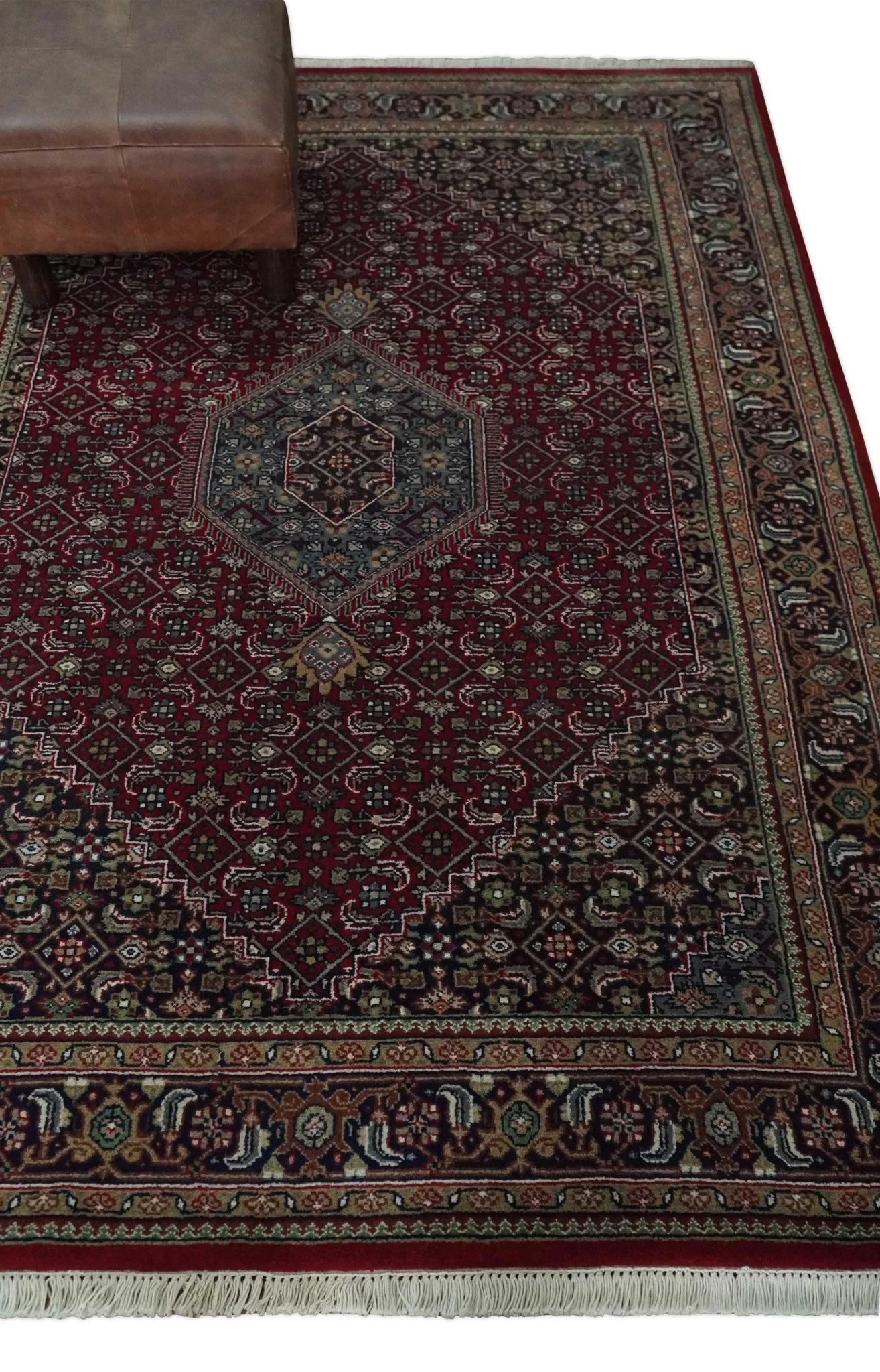 5x7 Antique Persian Hand Knotted Maroon, Black and Blue Traditional Medallion Wool Rug | KNT25 - Image 3