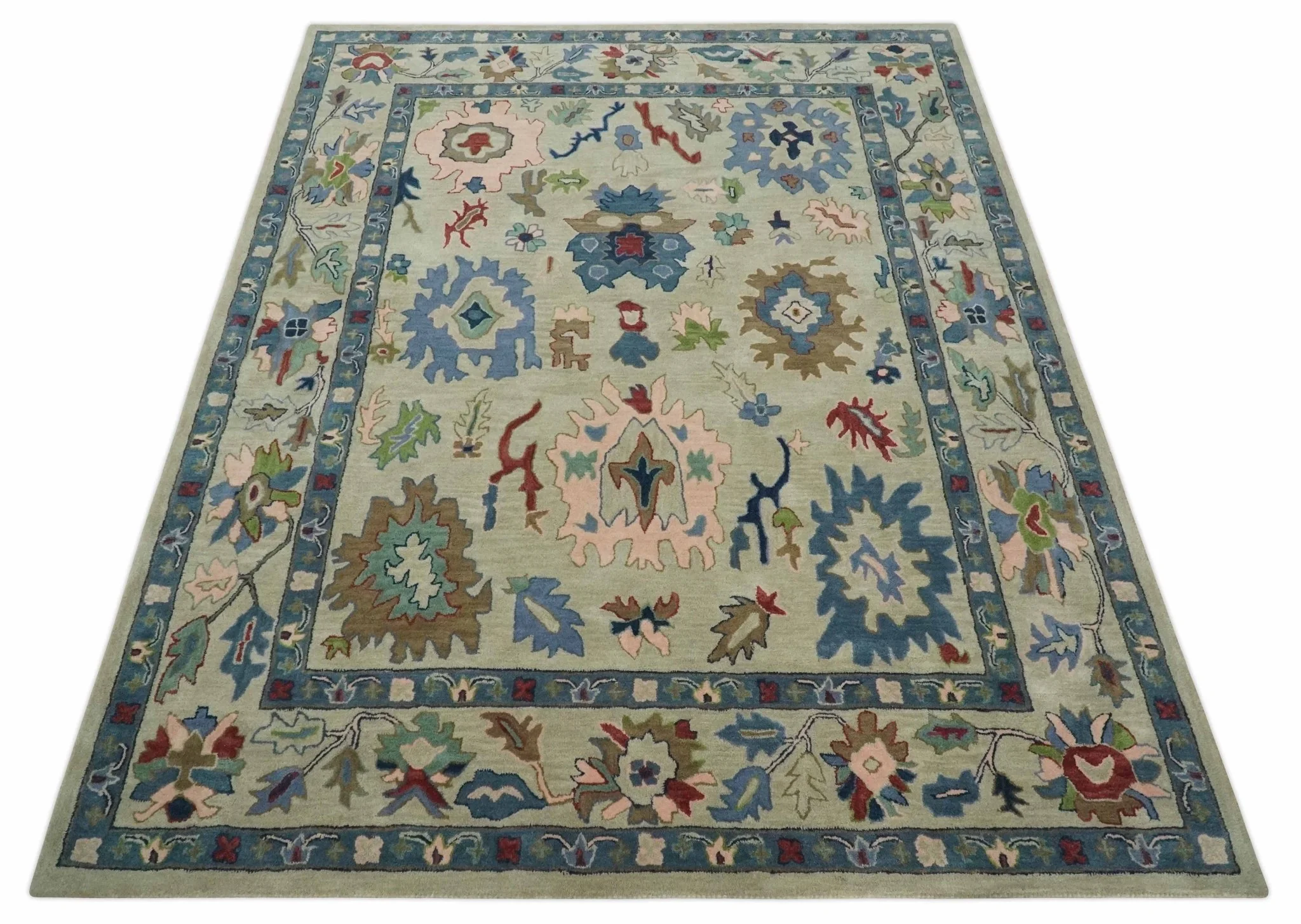 Hand Tufted Beige, Blue and Peach Traditional Oushak Custom Made wool Area Rug, Kids, Living Room and Bedroom Rug - Image 9