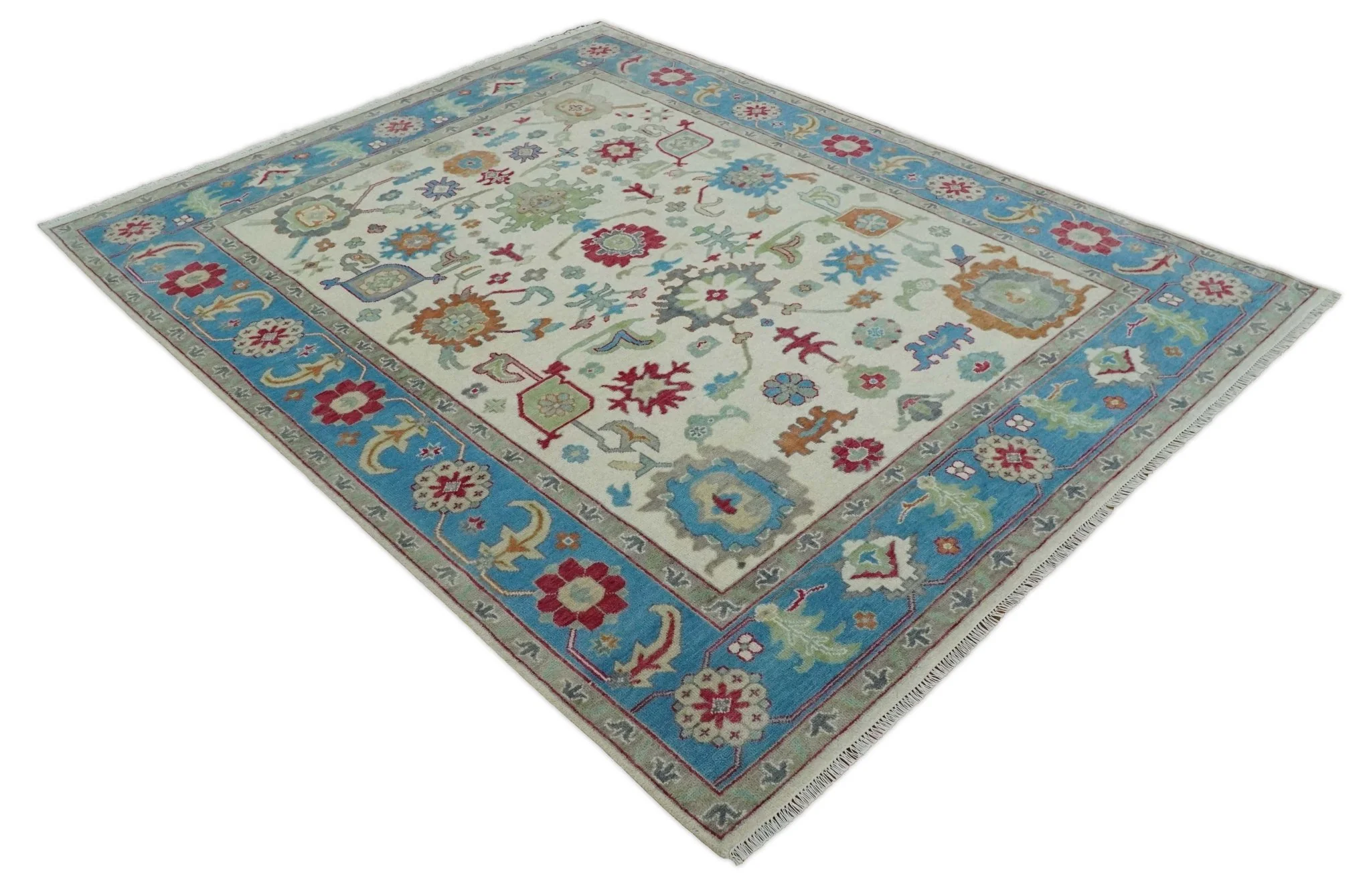 Antique Style Oushak 8x10 Wool Ivory and Blue Vibrant Colorful Hand knotted Area Rug - Image 10