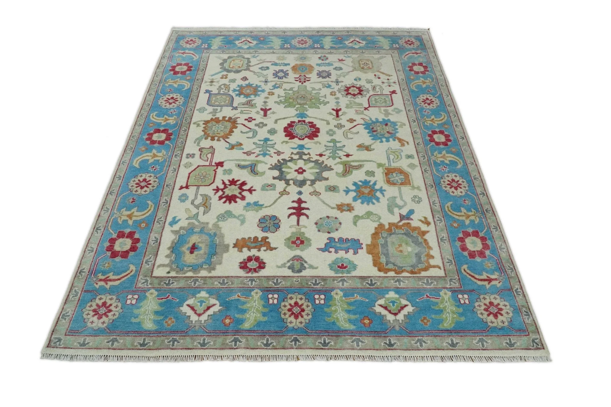 Antique Style Oushak 8x10 Wool Ivory and Blue Vibrant Colorful Hand knotted Area Rug - Image 2