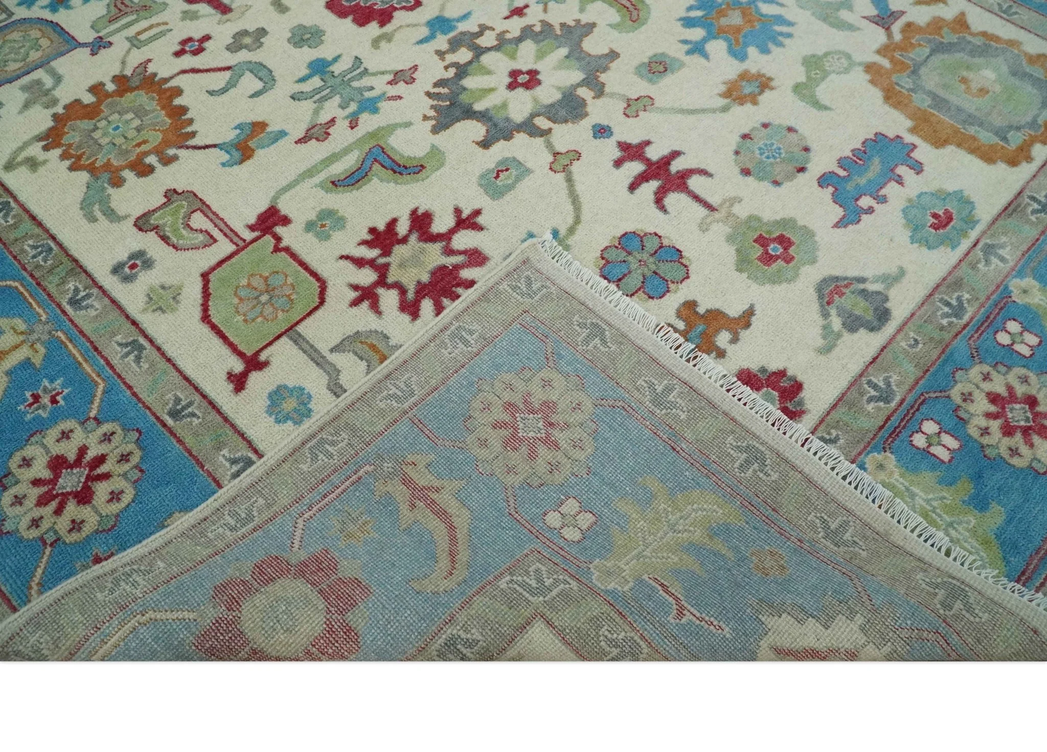 Antique Style Oushak 8x10 Wool Ivory and Blue Vibrant Colorful Hand knotted Area Rug - Image 3