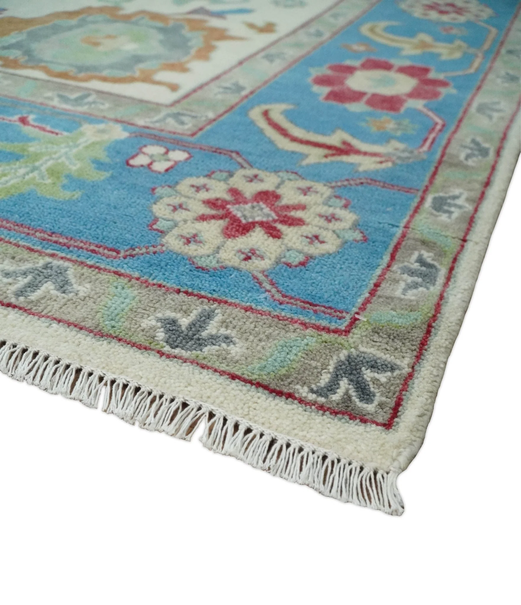 Antique Style Oushak 8x10 Wool Ivory and Blue Vibrant Colorful Hand knotted Area Rug - Image 6
