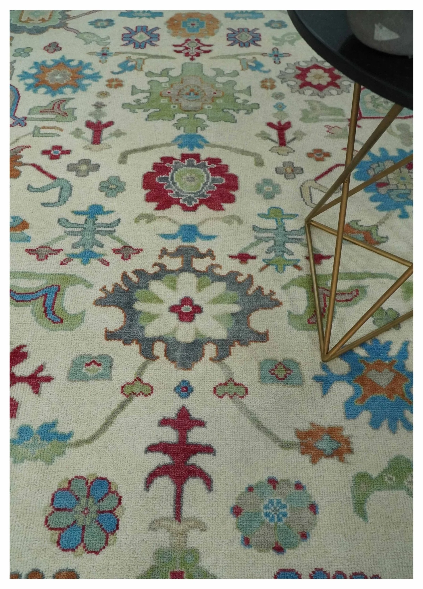 Antique Style Oushak 8x10 Wool Ivory and Blue Vibrant Colorful Hand knotted Area Rug - Image 7