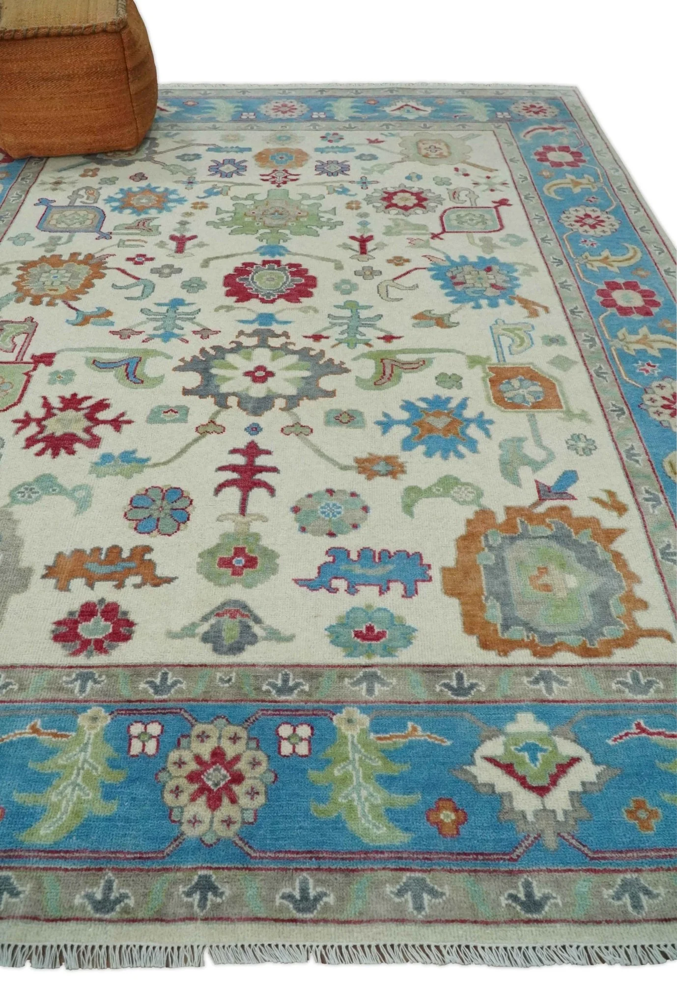 Antique Style Oushak 8x10 Wool Ivory and Blue Vibrant Colorful Hand knotted Area Rug - Image 9