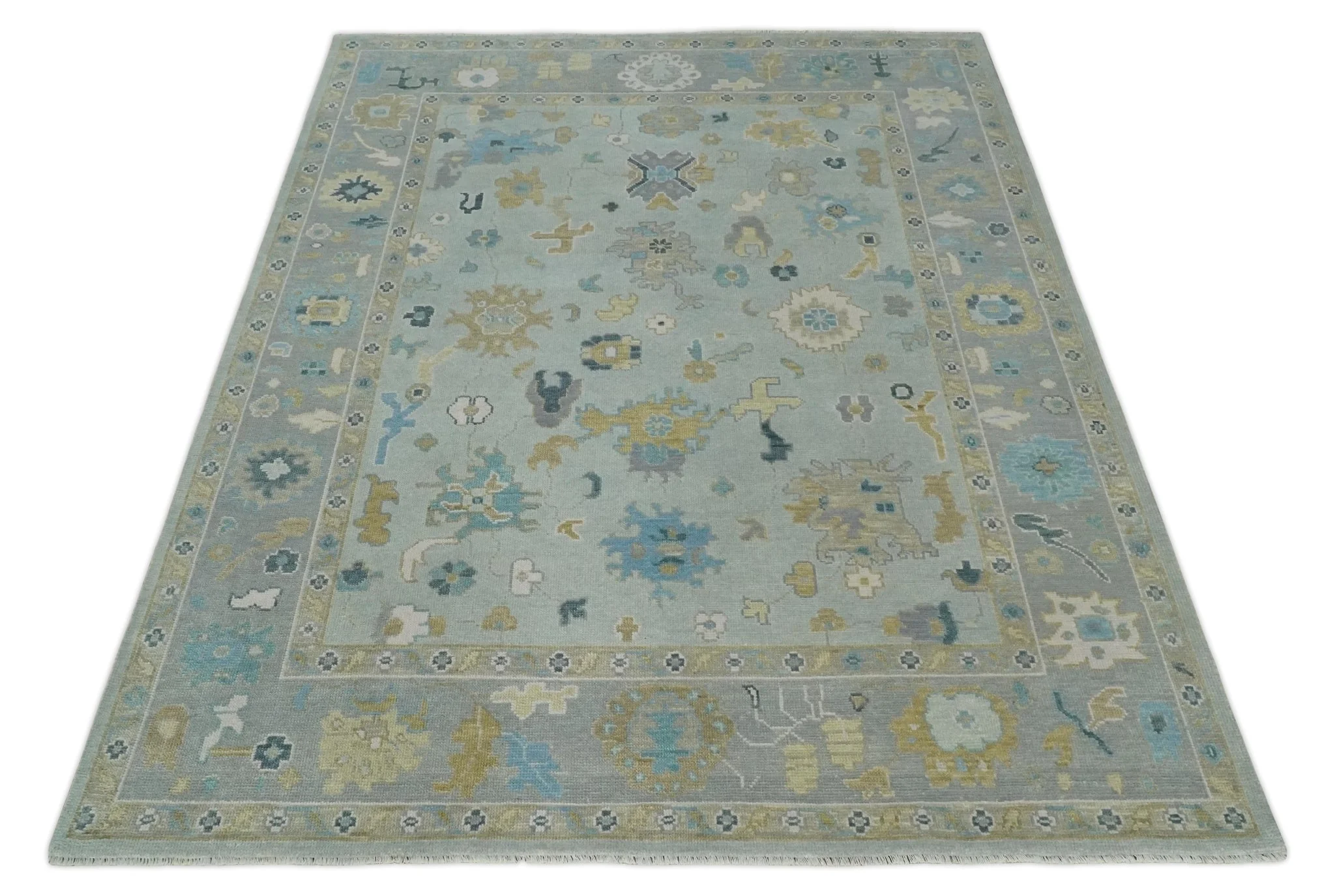 Antique Silver and Gold Vibrant Colorful Hand knotted Oushak wool Area Rug - Image 10