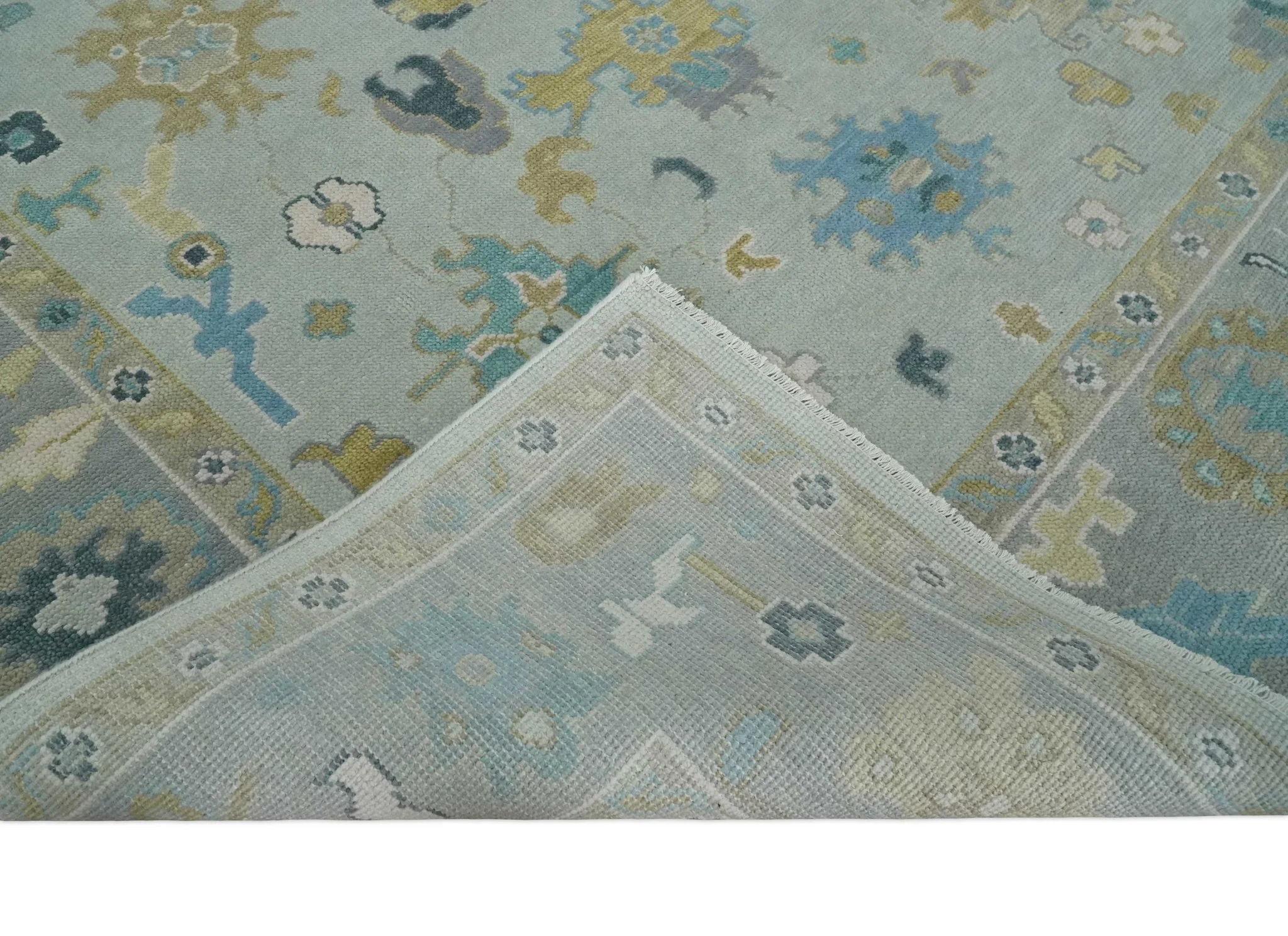 Antique Silver and Gold Vibrant Colorful Hand knotted Oushak wool Area Rug - Image 7