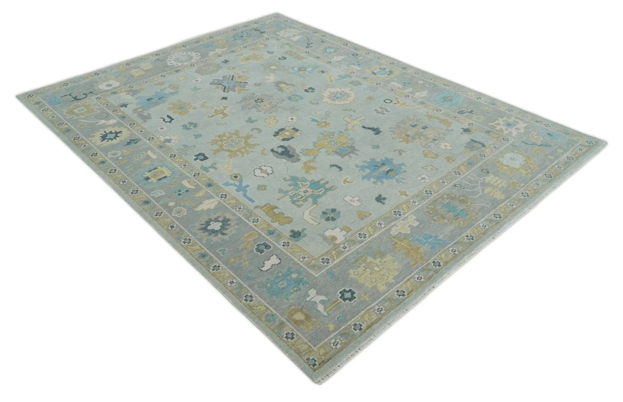Antique Silver and Gold Vibrant Colorful Hand knotted Oushak wool Area Rug - Image 9