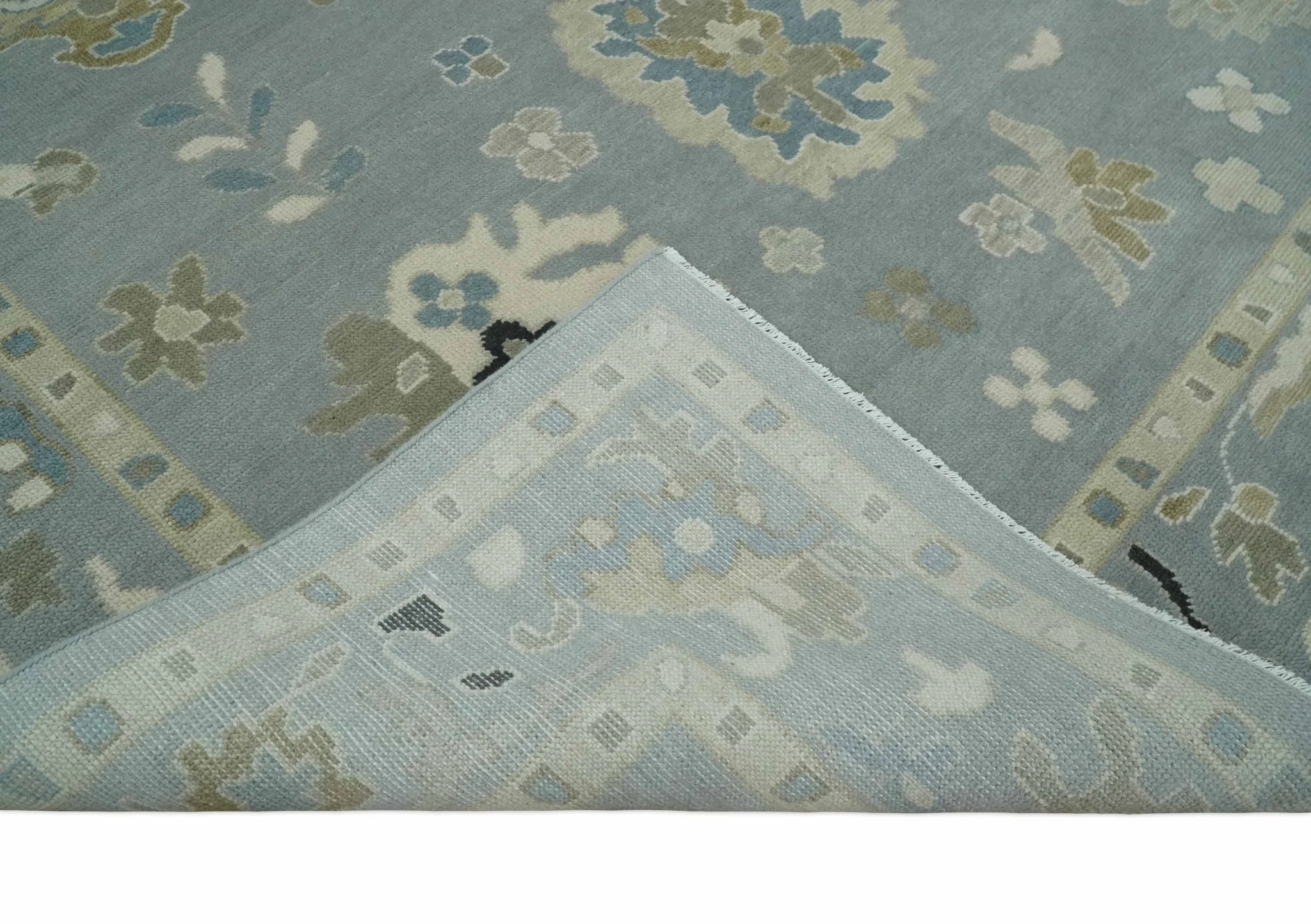 Custom Made Antique look Silver, Beige Hand Knotted Traditional Oushak Wool Area Rug - Image 7