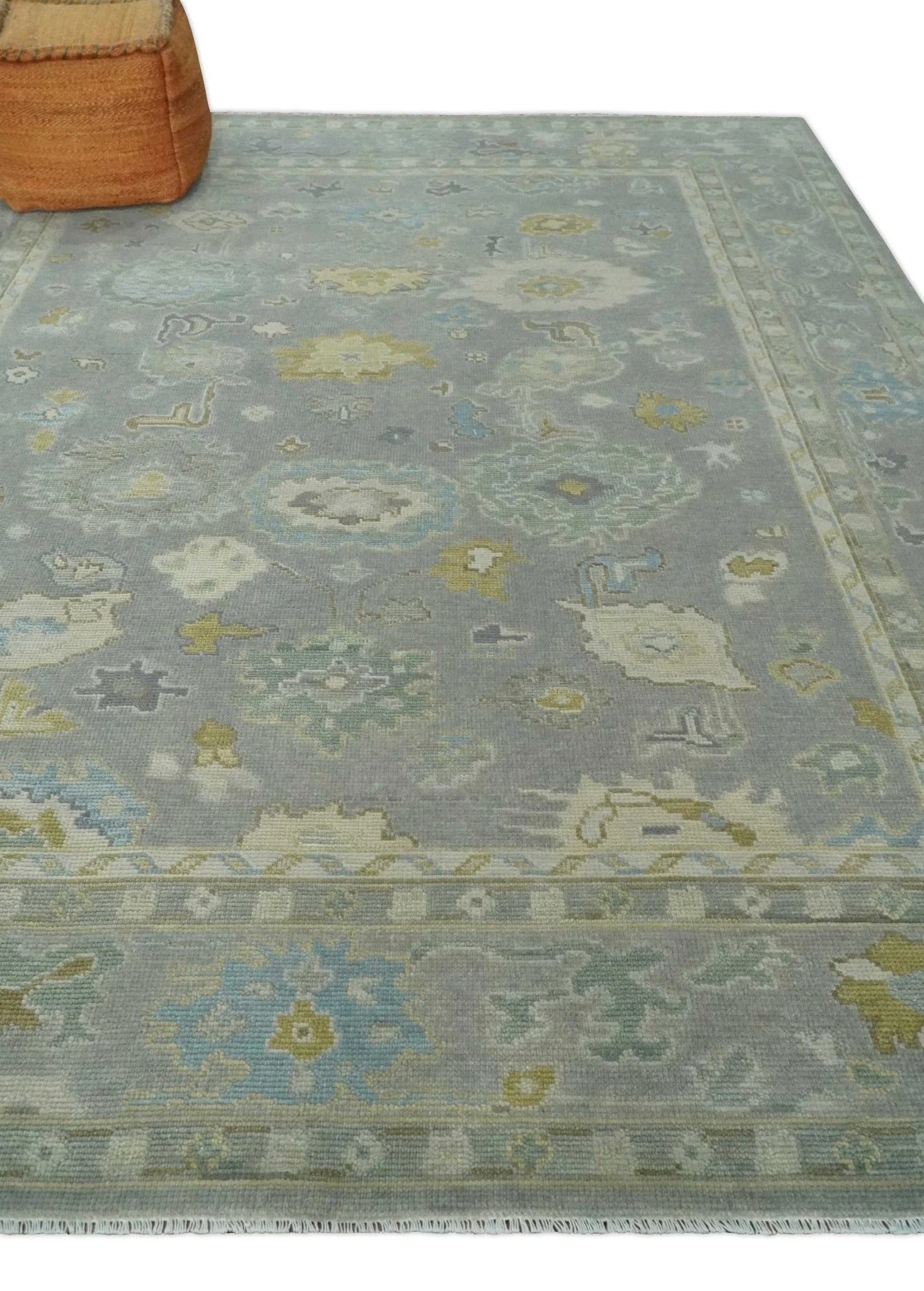 Antique Silver Hand Knotted Oushak Wool Area Rug - Image 3