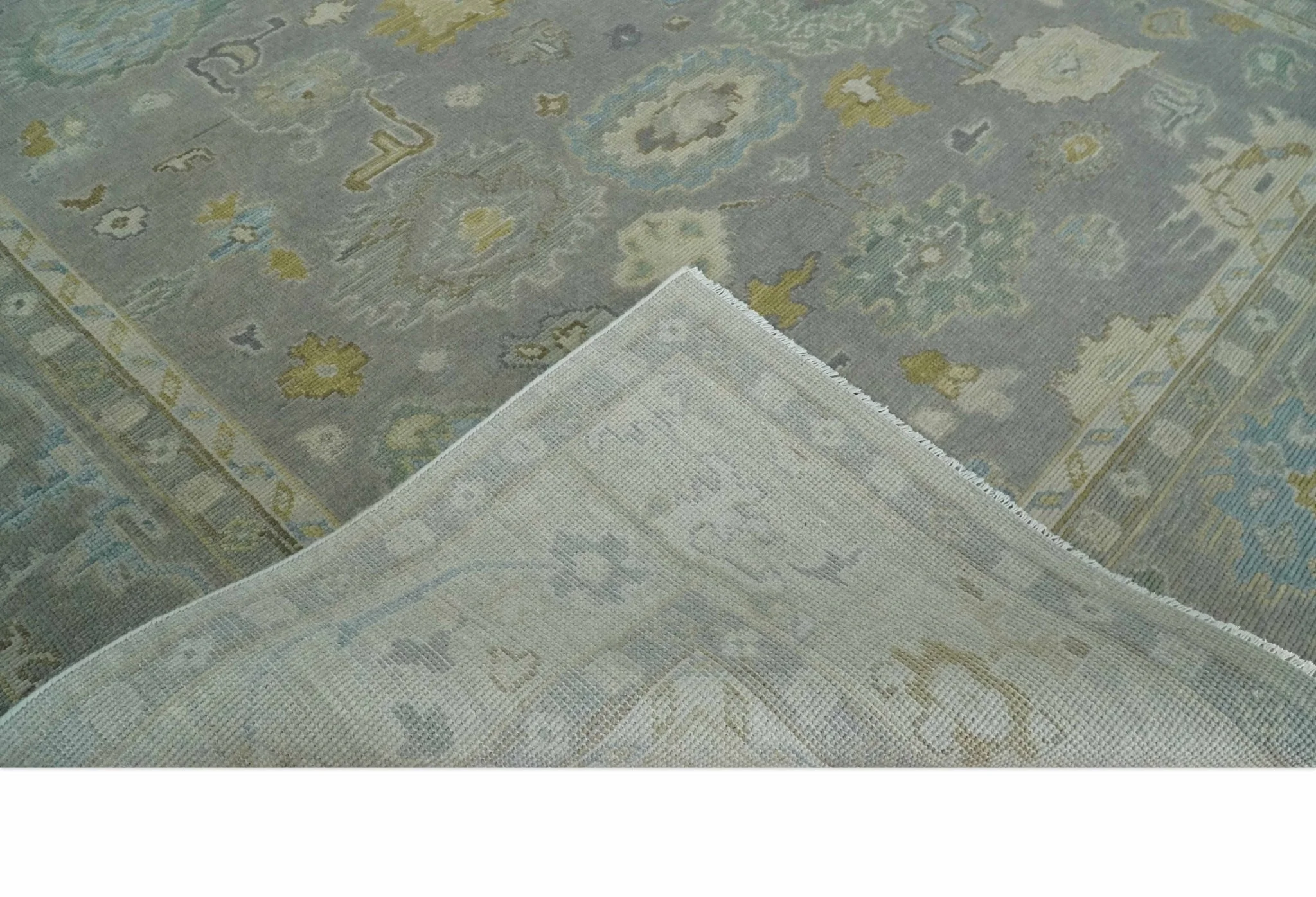 Antique Silver Hand Knotted Oushak Wool Area Rug - Image 7