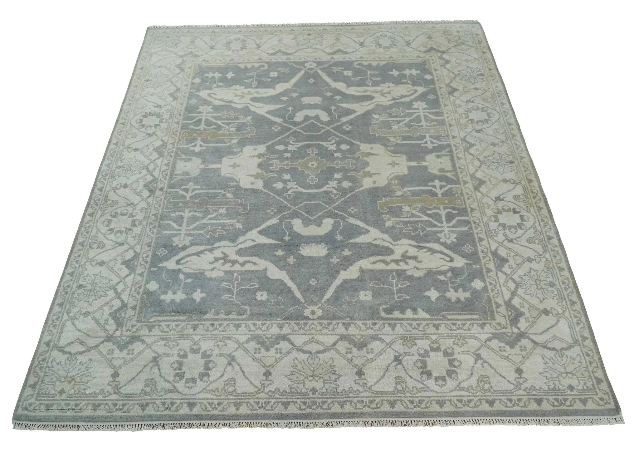 Antique Silver, Ivory and Beige Hand Knotted 8x10 Oriental Oushak Wool Area Rug, Living Room Rug | TRDCP1159810 - Image 10