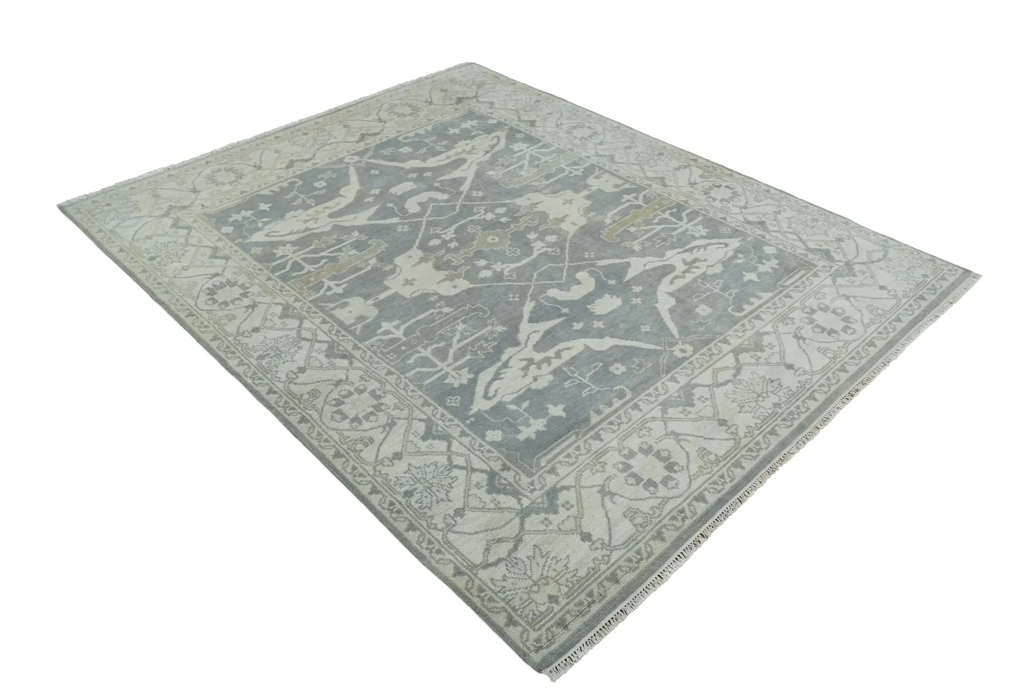 Antique Silver, Ivory and Beige Hand Knotted 8x10 Oriental Oushak Wool Area Rug, Living Room Rug | TRDCP1159810 - Image 4