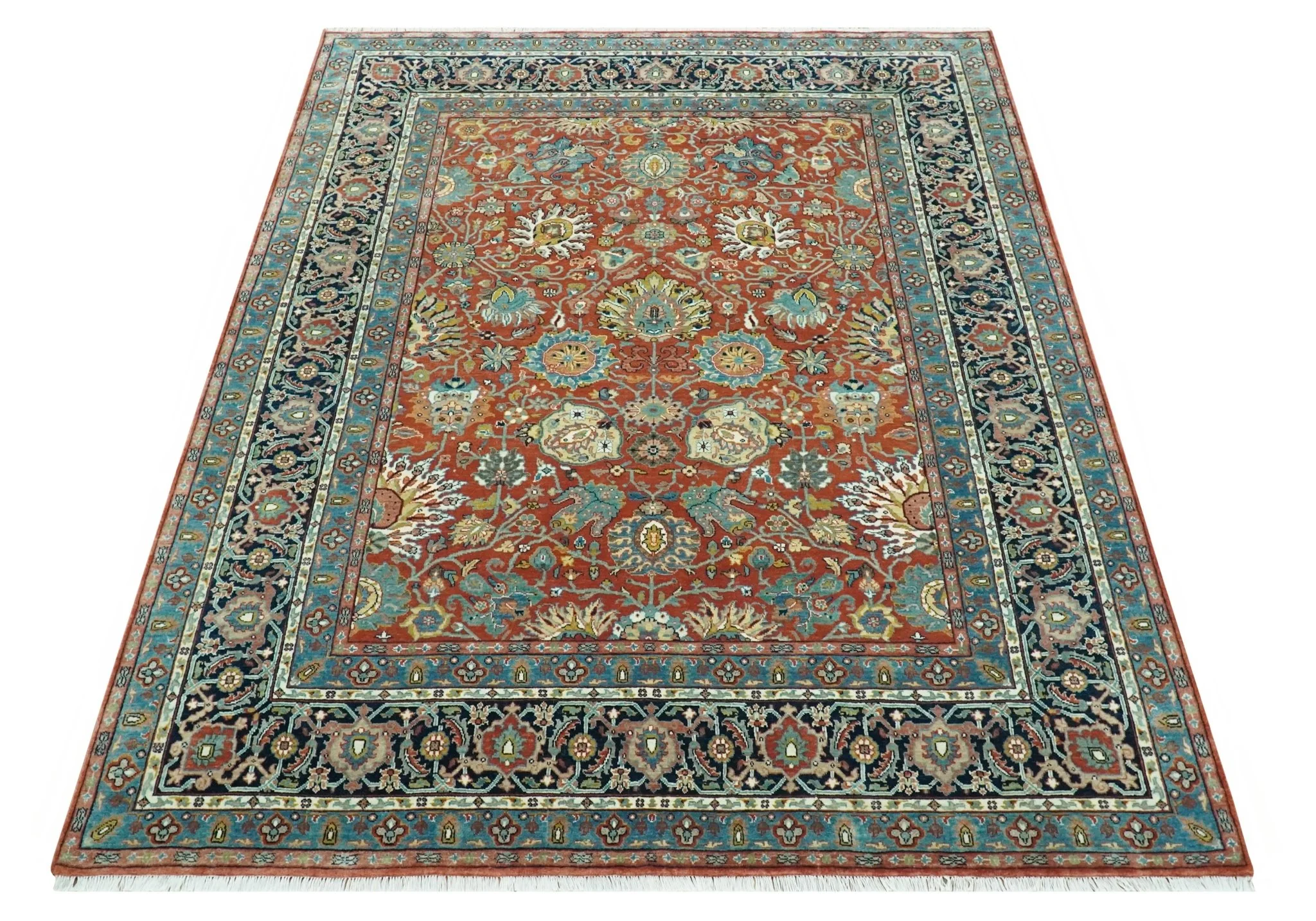 Antique  Style Fine Rust, Blue and Aqua 8x10 Hand Knotted Traditional Serapi wool rug - Image 10