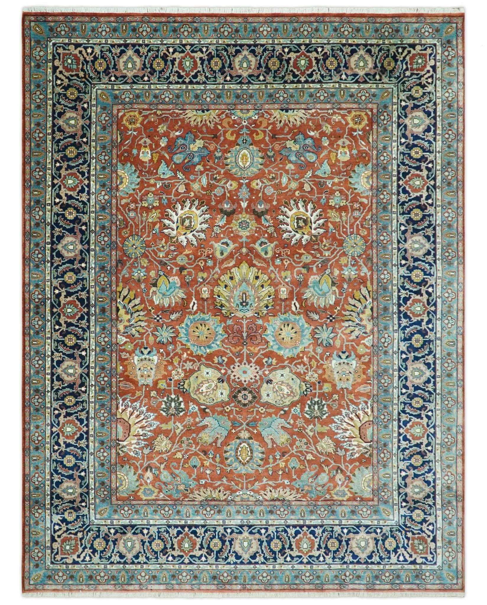 Antique  Style Fine Rust, Blue and Aqua 8x10 Hand Knotted Traditional Serapi wool rug - Image 11