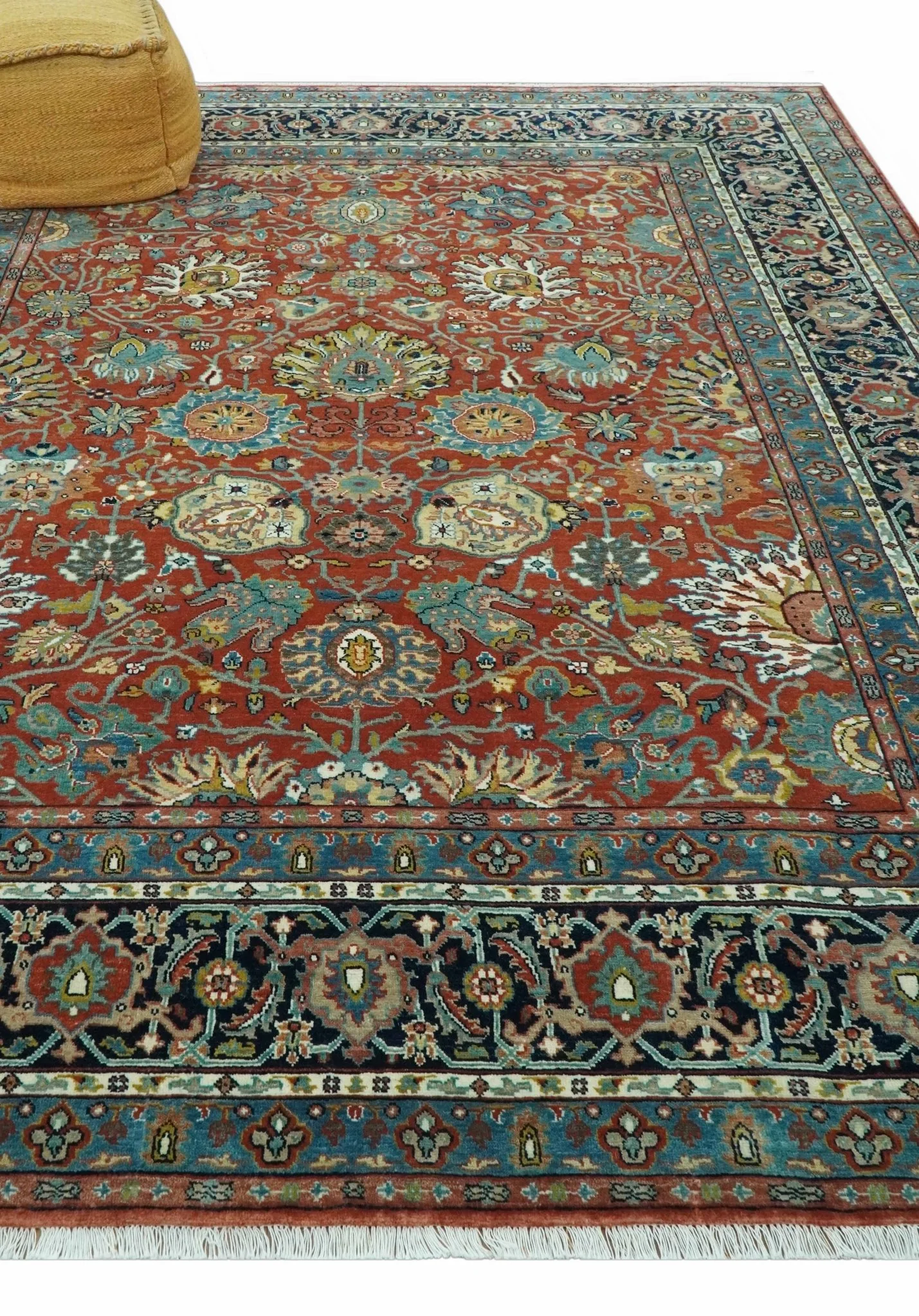 Antique  Style Fine Rust, Blue and Aqua 8x10 Hand Knotted Traditional Serapi wool rug - Image 3