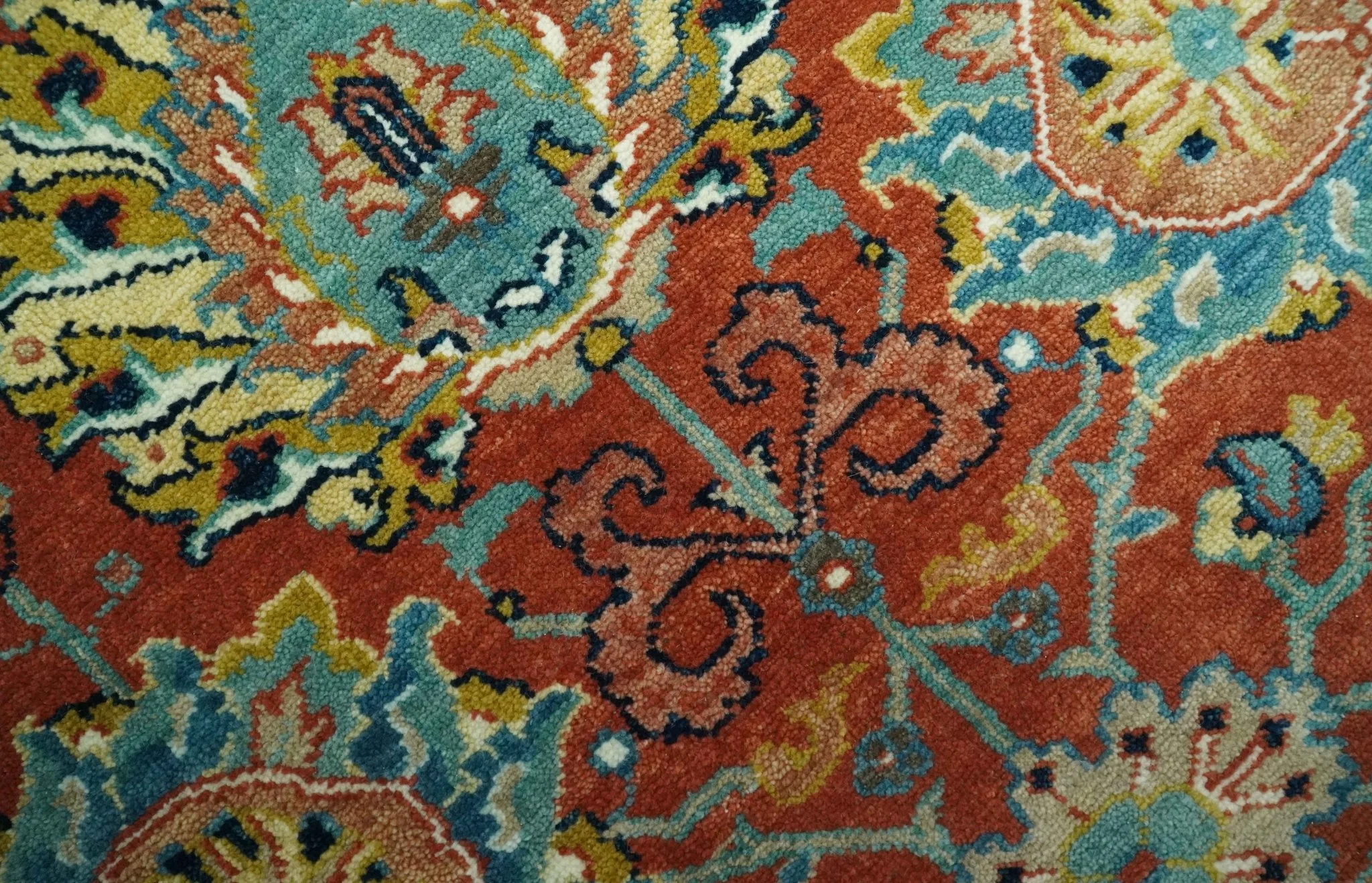 Antique  Style Fine Rust, Blue and Aqua 8x10 Hand Knotted Traditional Serapi wool rug - Image 4