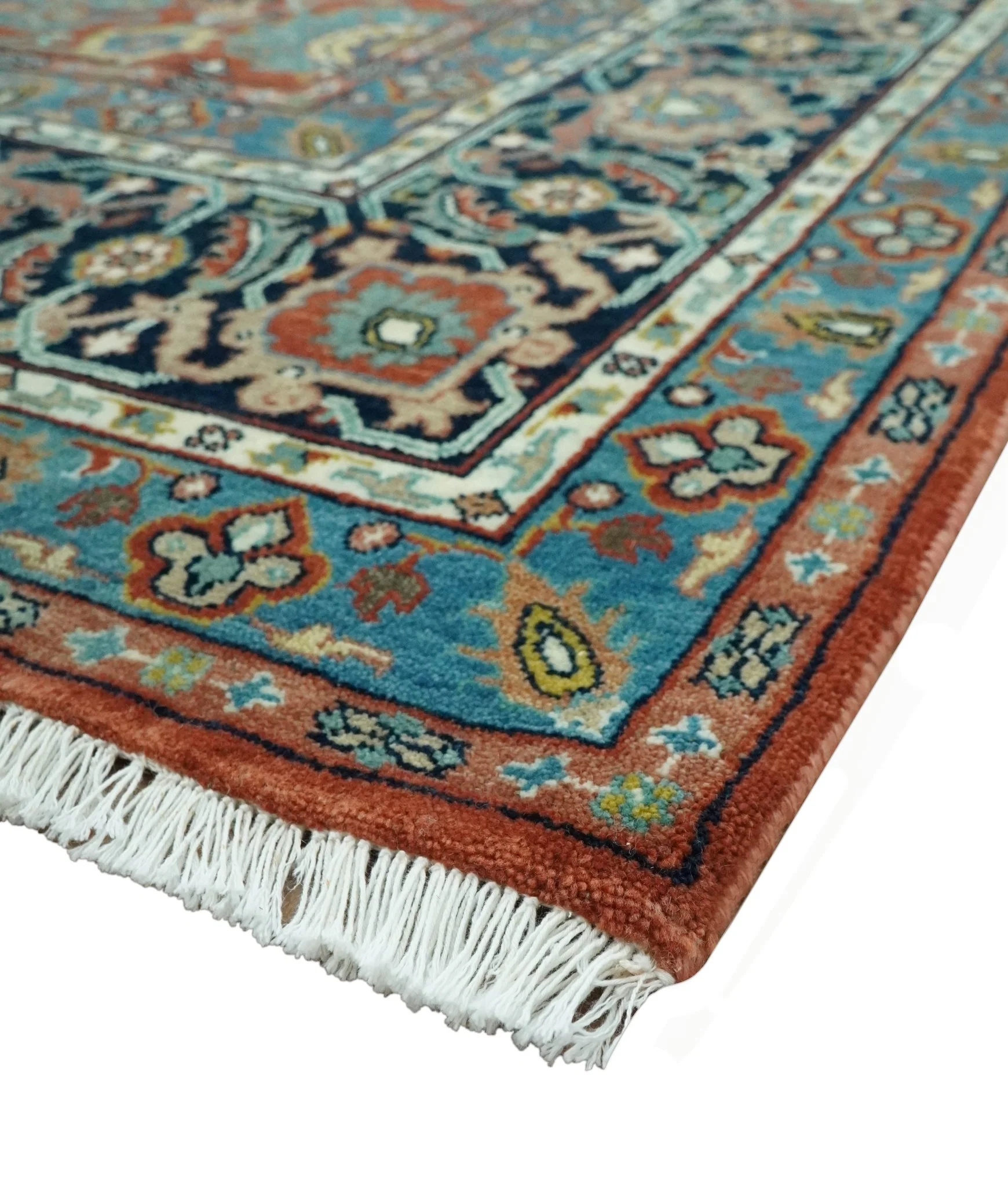 Antique  Style Fine Rust, Blue and Aqua 8x10 Hand Knotted Traditional Serapi wool rug - Image 5