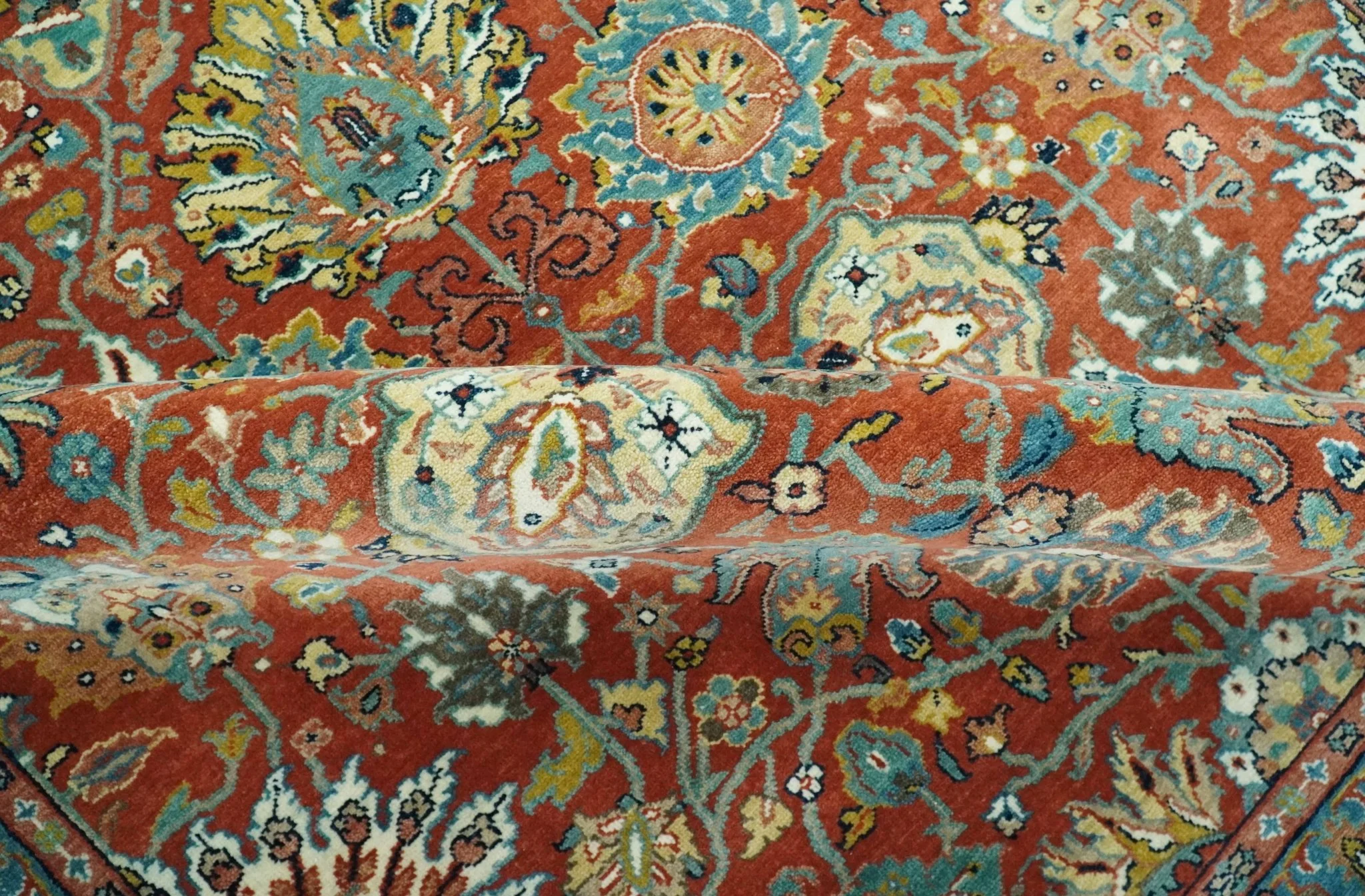 Antique  Style Fine Rust, Blue and Aqua 8x10 Hand Knotted Traditional Serapi wool rug - Image 6