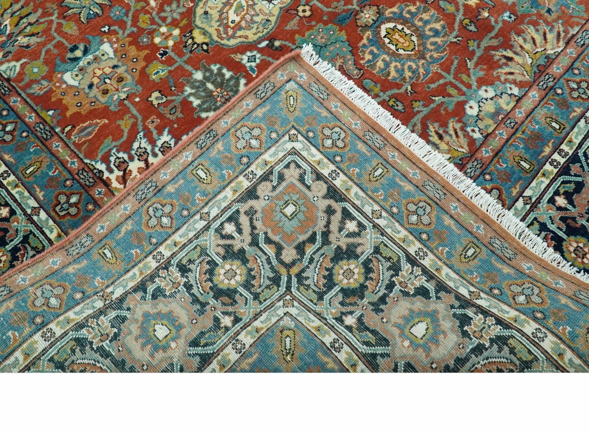 Antique  Style Fine Rust, Blue and Aqua 8x10 Hand Knotted Traditional Serapi wool rug - Image 7