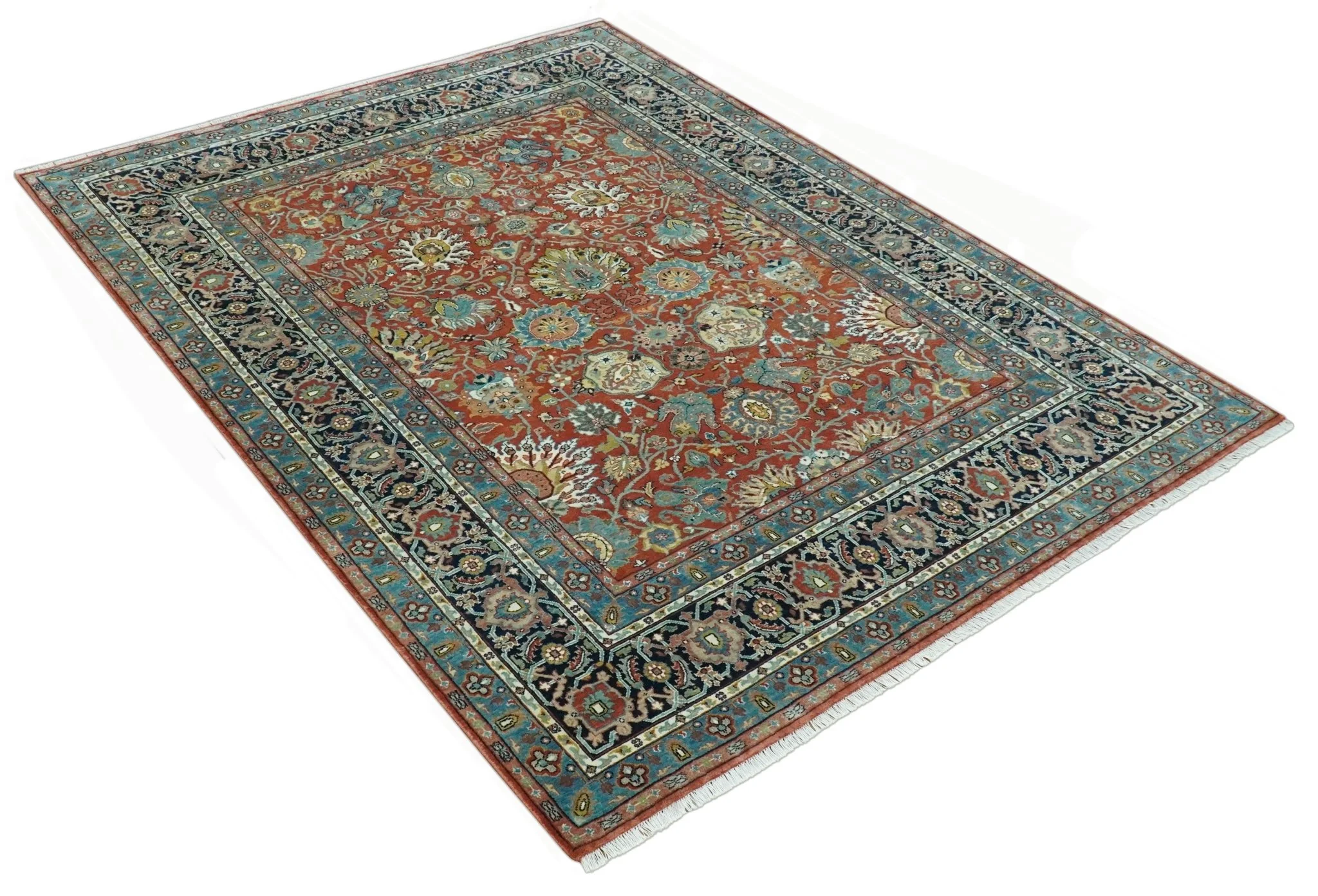 Antique  Style Fine Rust, Blue and Aqua 8x10 Hand Knotted Traditional Serapi wool rug - Image 9