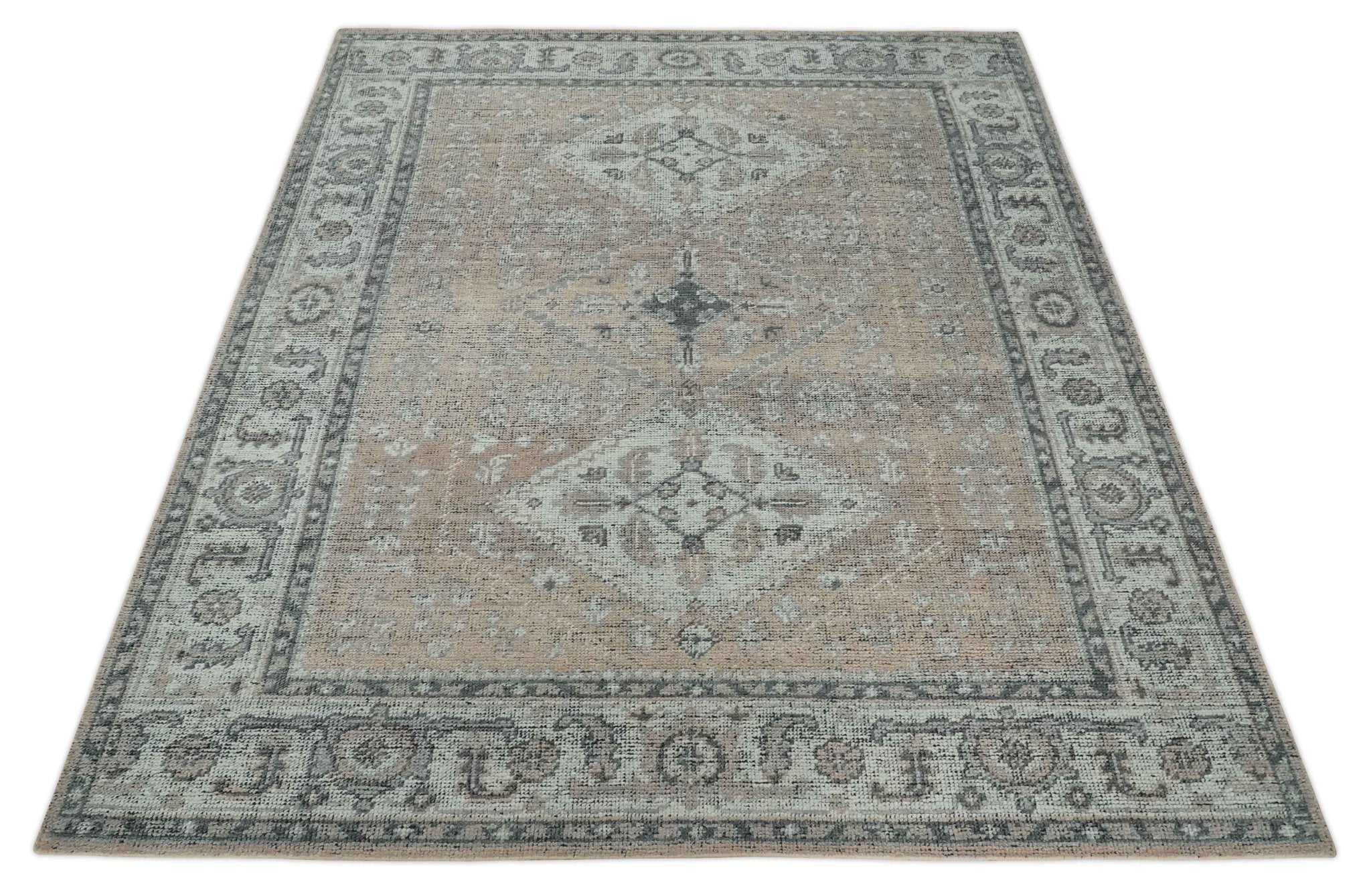 Custom Made Antique Style Peach, Ivory and Charcoal Hand knotted Traditional Wool Rug - Image 10