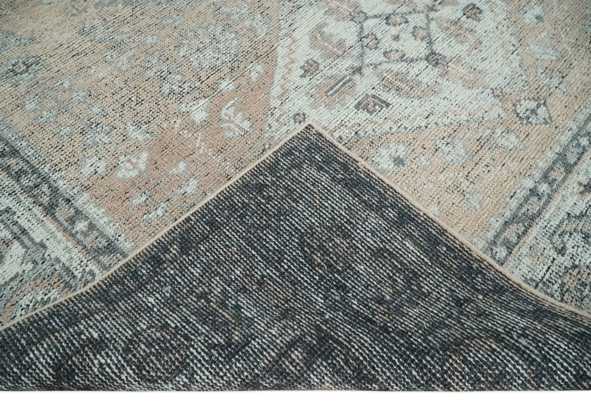 Custom Made Antique Style Peach, Ivory and Charcoal Hand knotted Traditional Wool Rug - Image 8