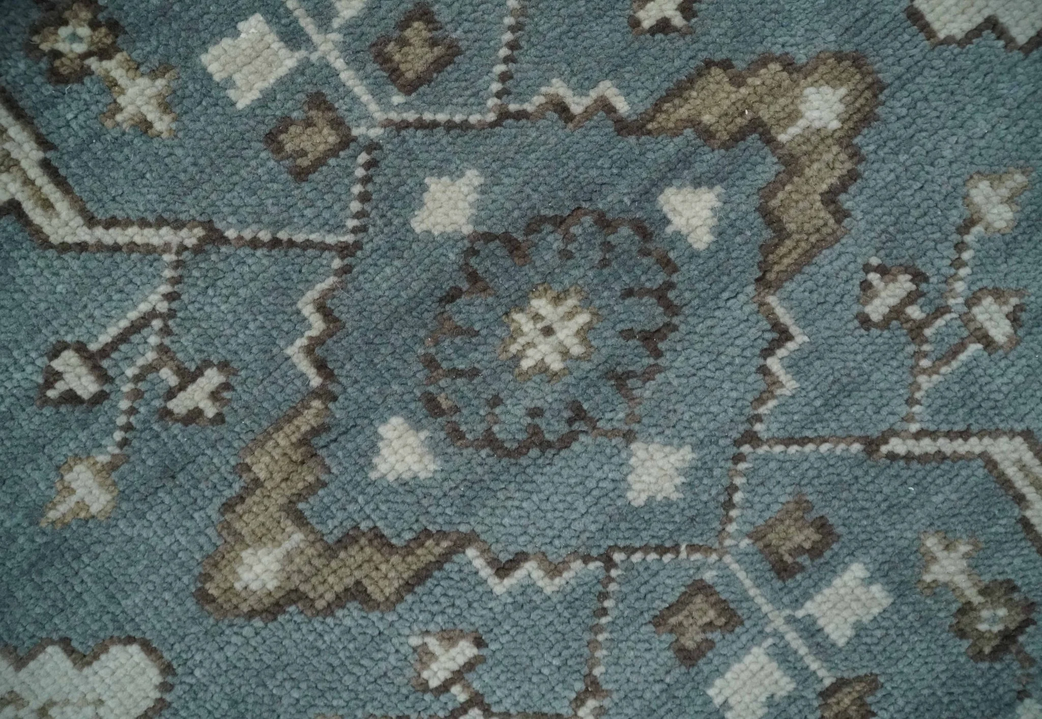Custom Made Traditional Hand Knotted Blue, Ivory and Brown Oriental Oushak wool Area Rug - Image 4