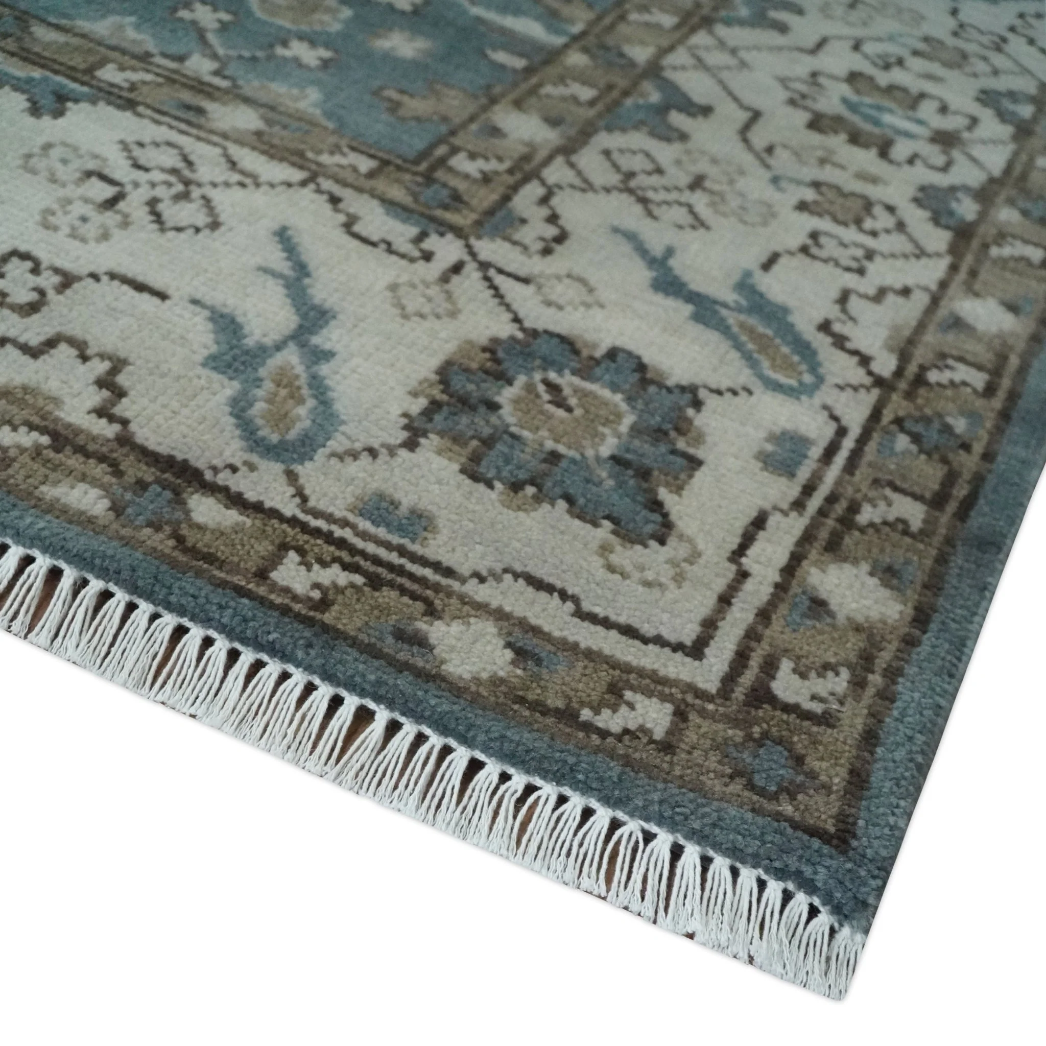 Custom Made Traditional Hand Knotted Blue, Ivory and Brown Oriental Oushak wool Area Rug - Image 5