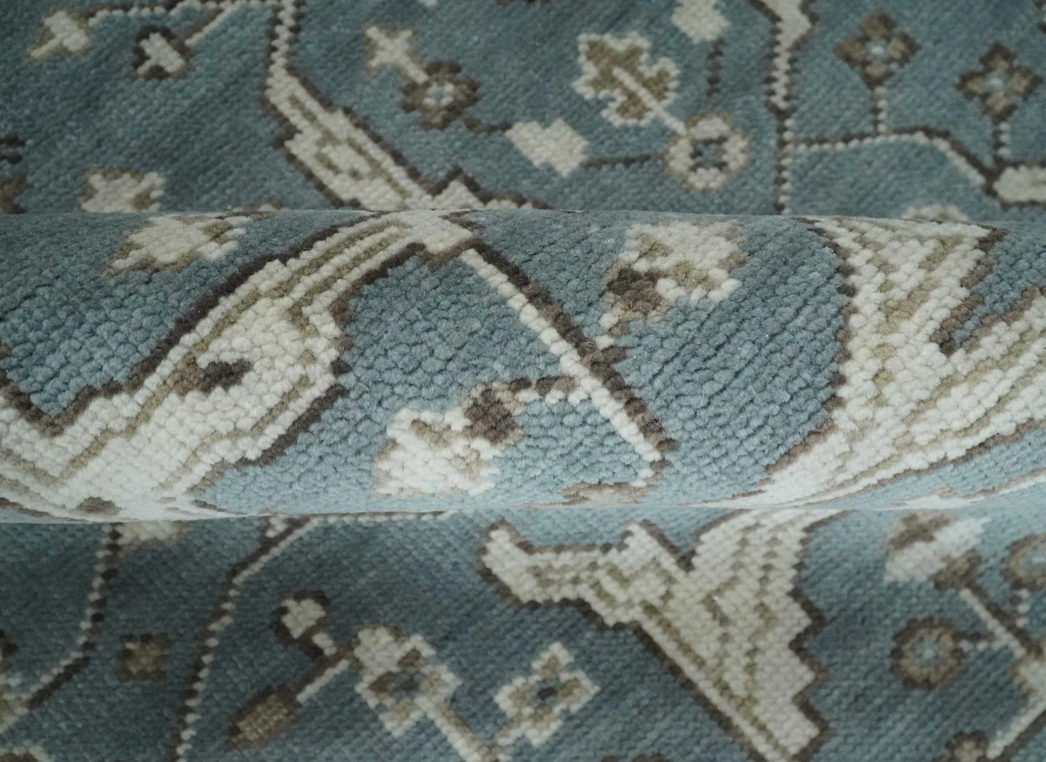 Custom Made Traditional Hand Knotted Blue, Ivory and Brown Oriental Oushak wool Area Rug - Image 7