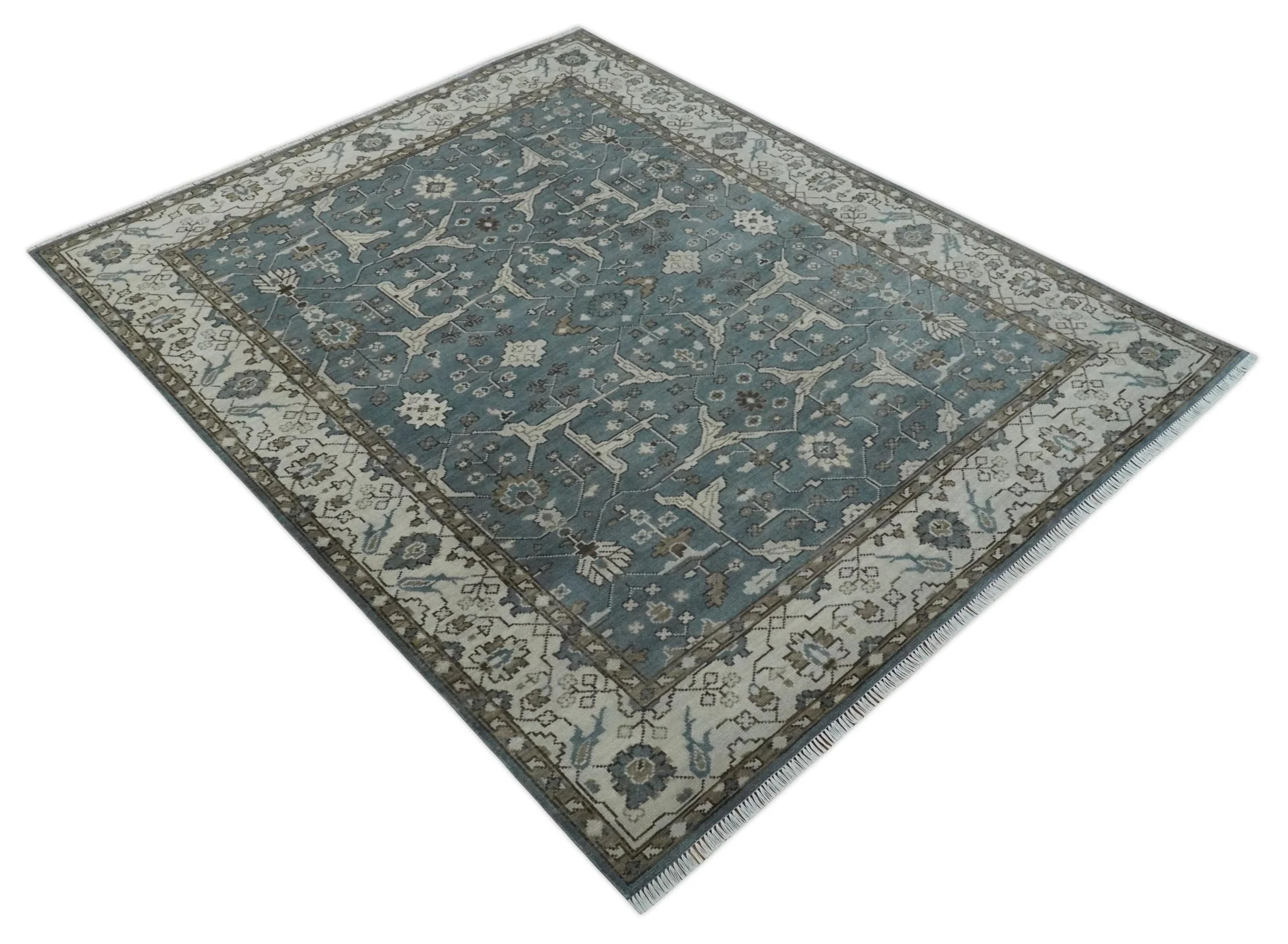 Custom Made Traditional Hand Knotted Blue, Ivory and Brown Oriental Oushak wool Area Rug - Image 9