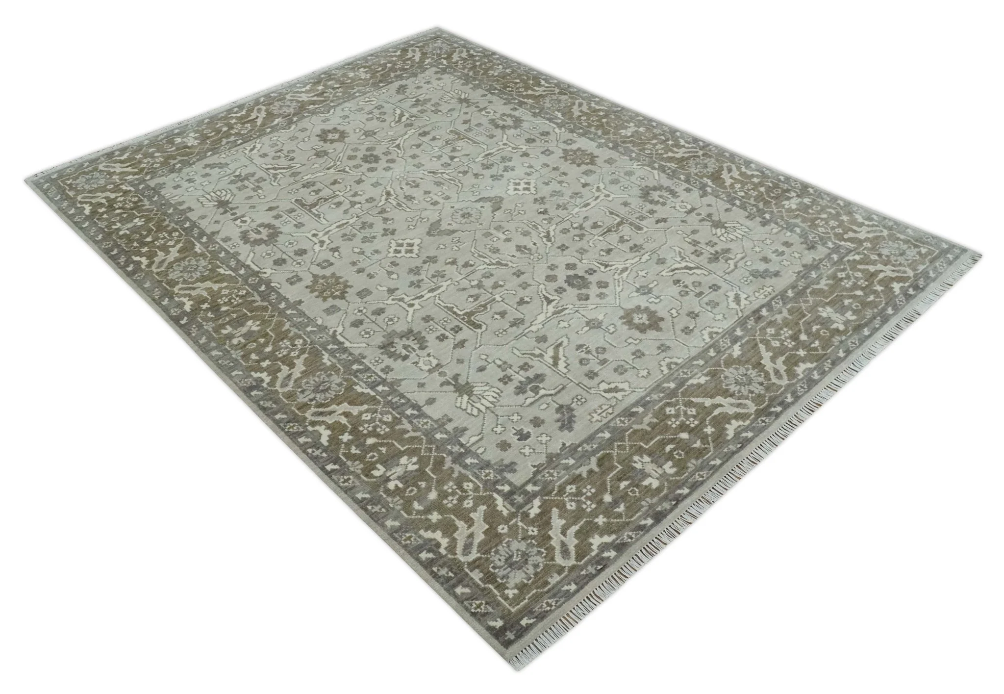 Antique Style Custom Made Traditional Silver and Brown Oriental Oushak Wool Area Rug - Image 10