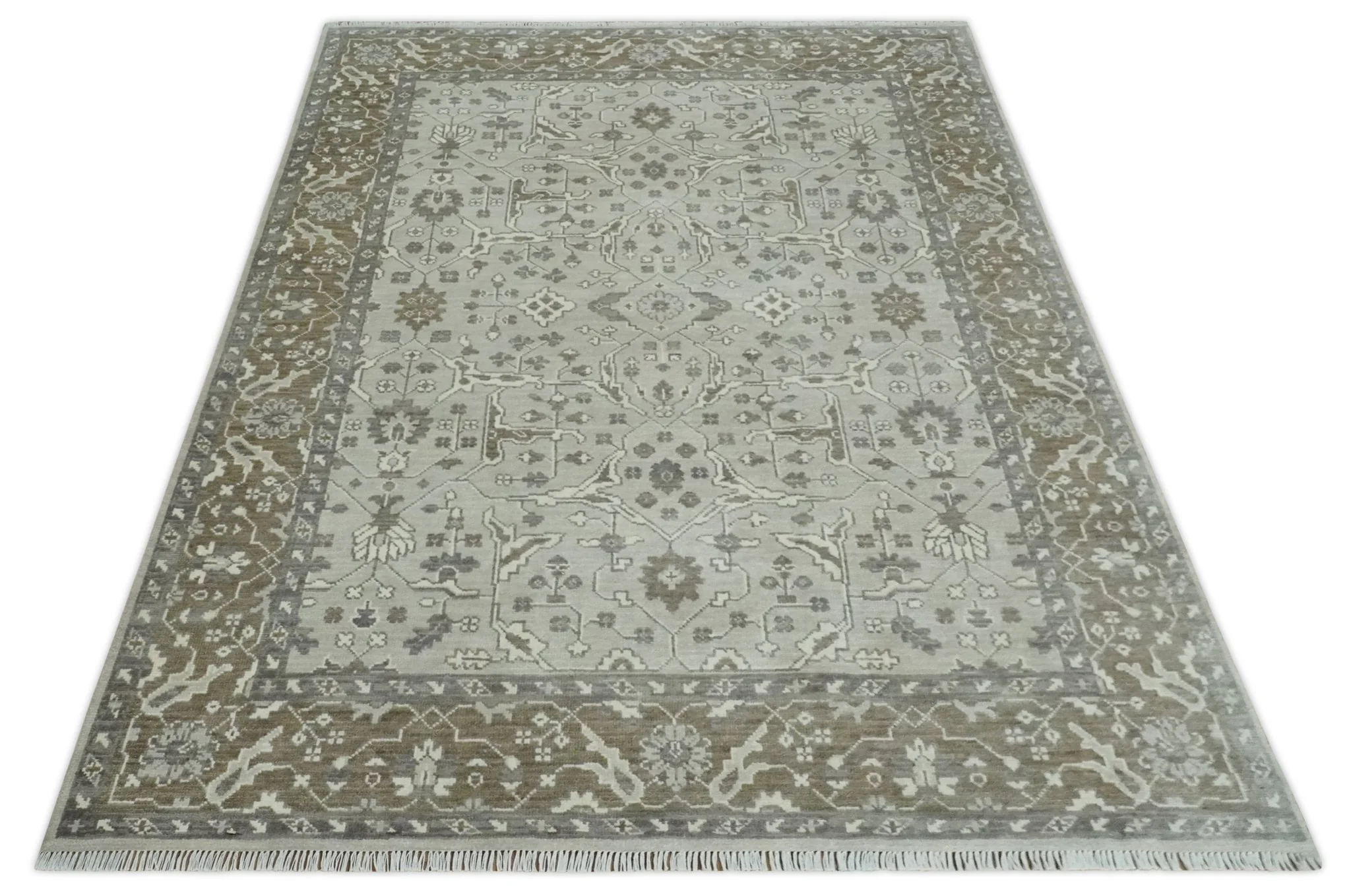 Antique Style Custom Made Traditional Silver and Brown Oriental Oushak Wool Area Rug - Image 11