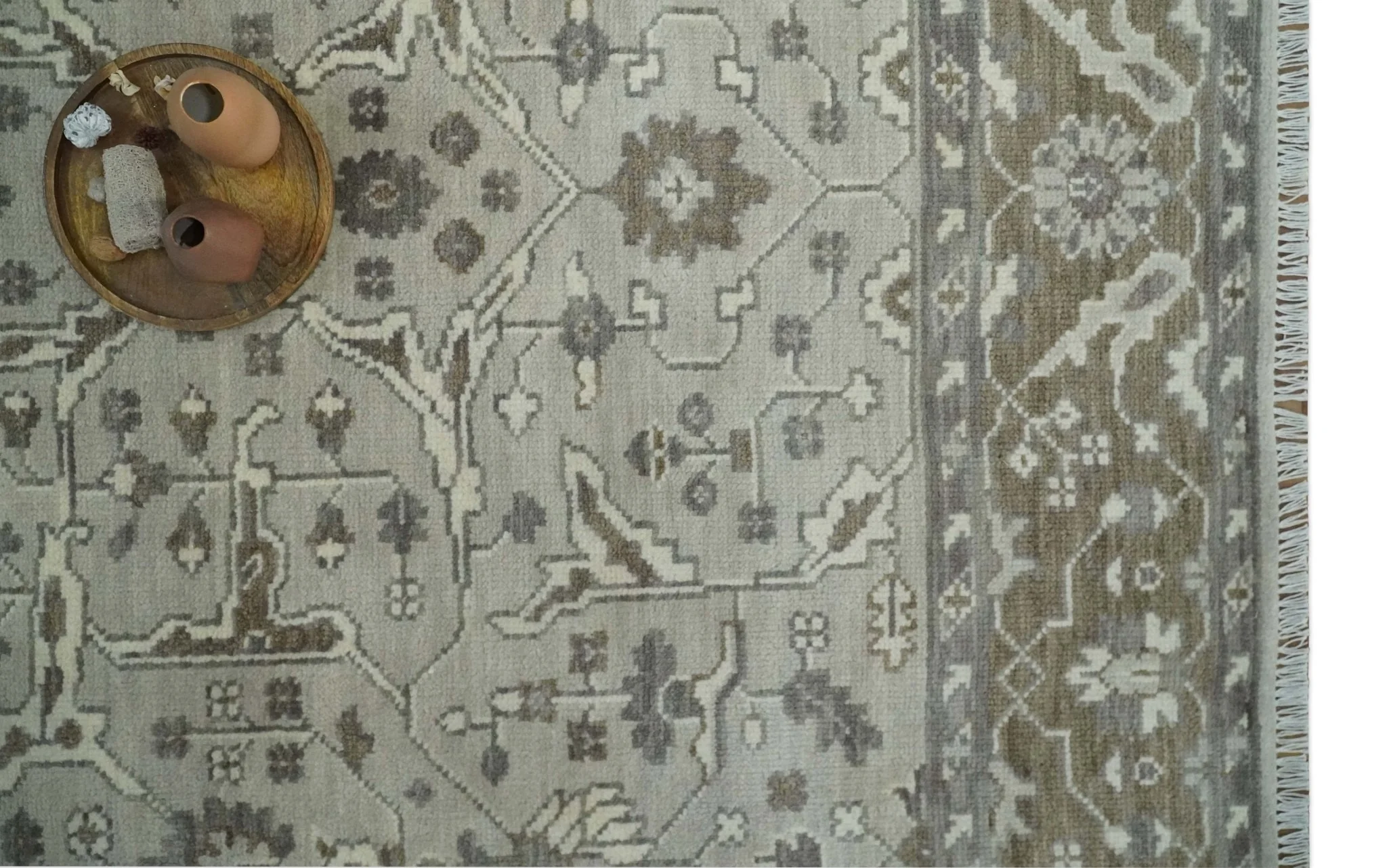 Antique Style Custom Made Traditional Silver and Brown Oriental Oushak Wool Area Rug - Image 2
