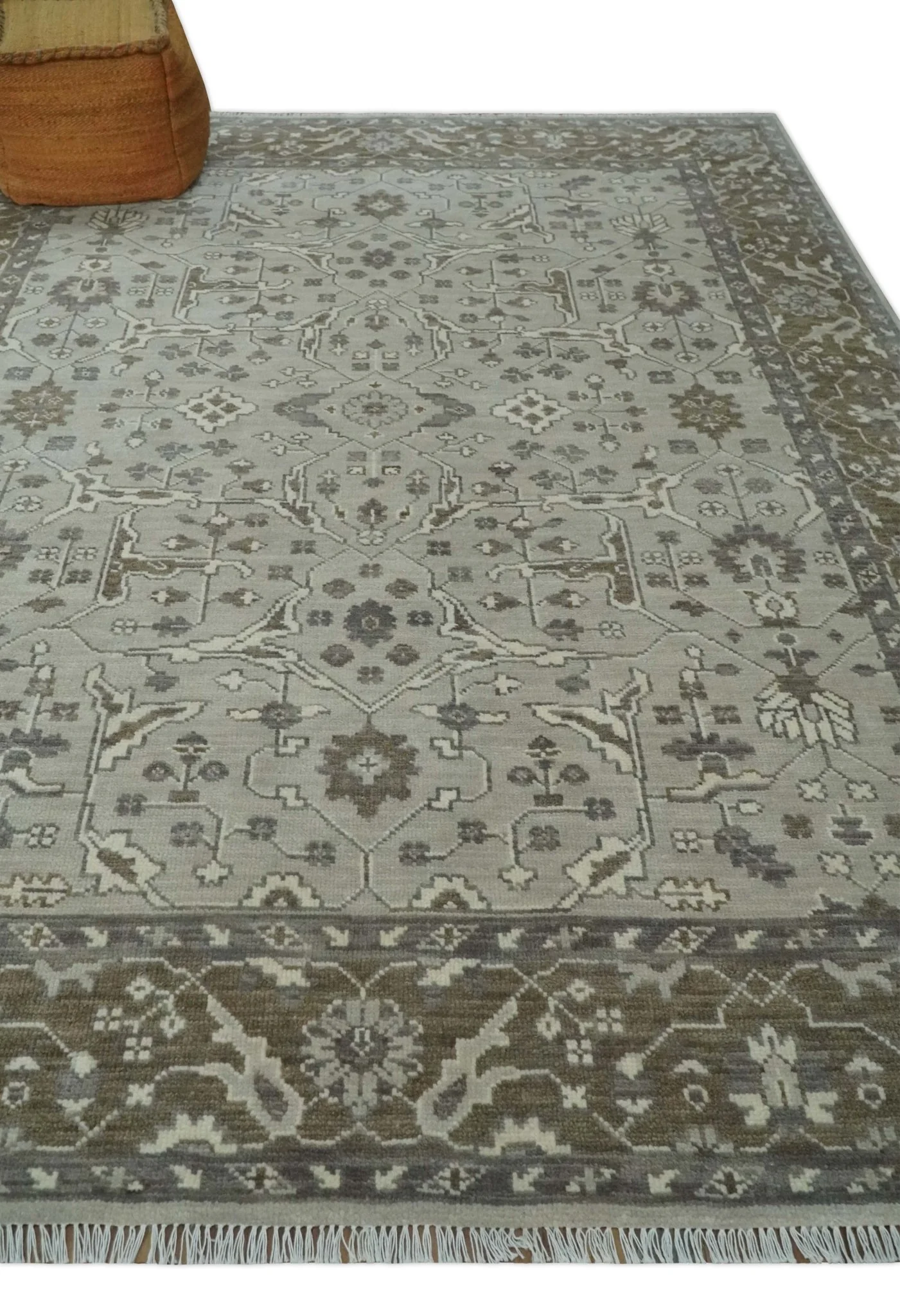 Antique Style Custom Made Traditional Silver and Brown Oriental Oushak Wool Area Rug - Image 4
