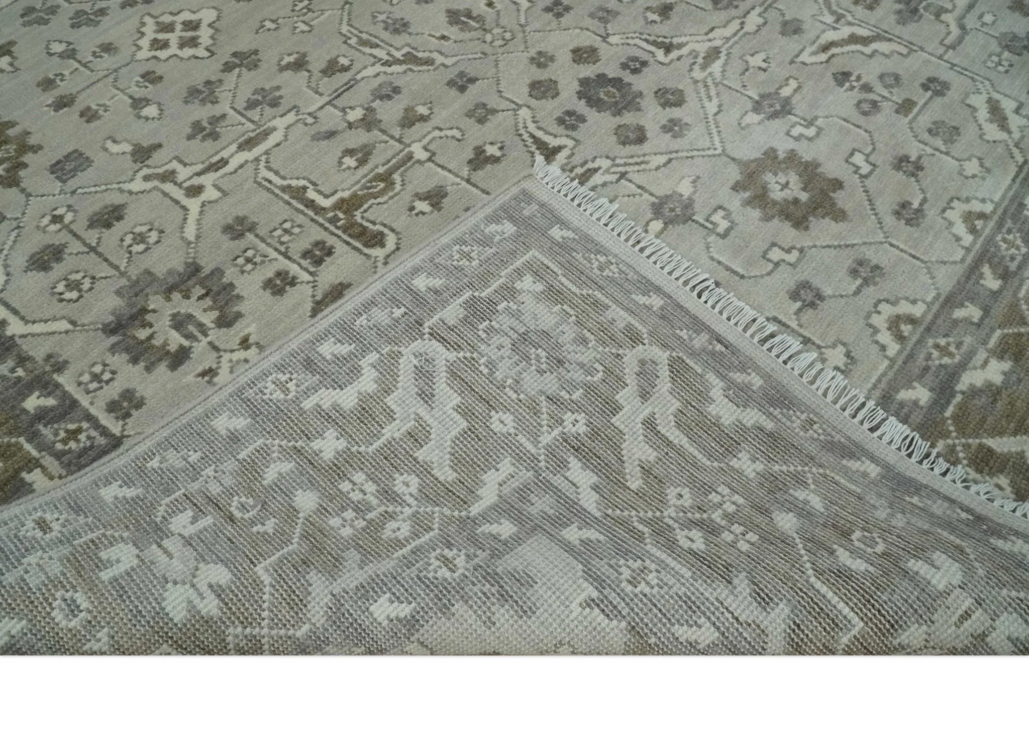 Antique Style Custom Made Traditional Silver and Brown Oriental Oushak Wool Area Rug - Image 8