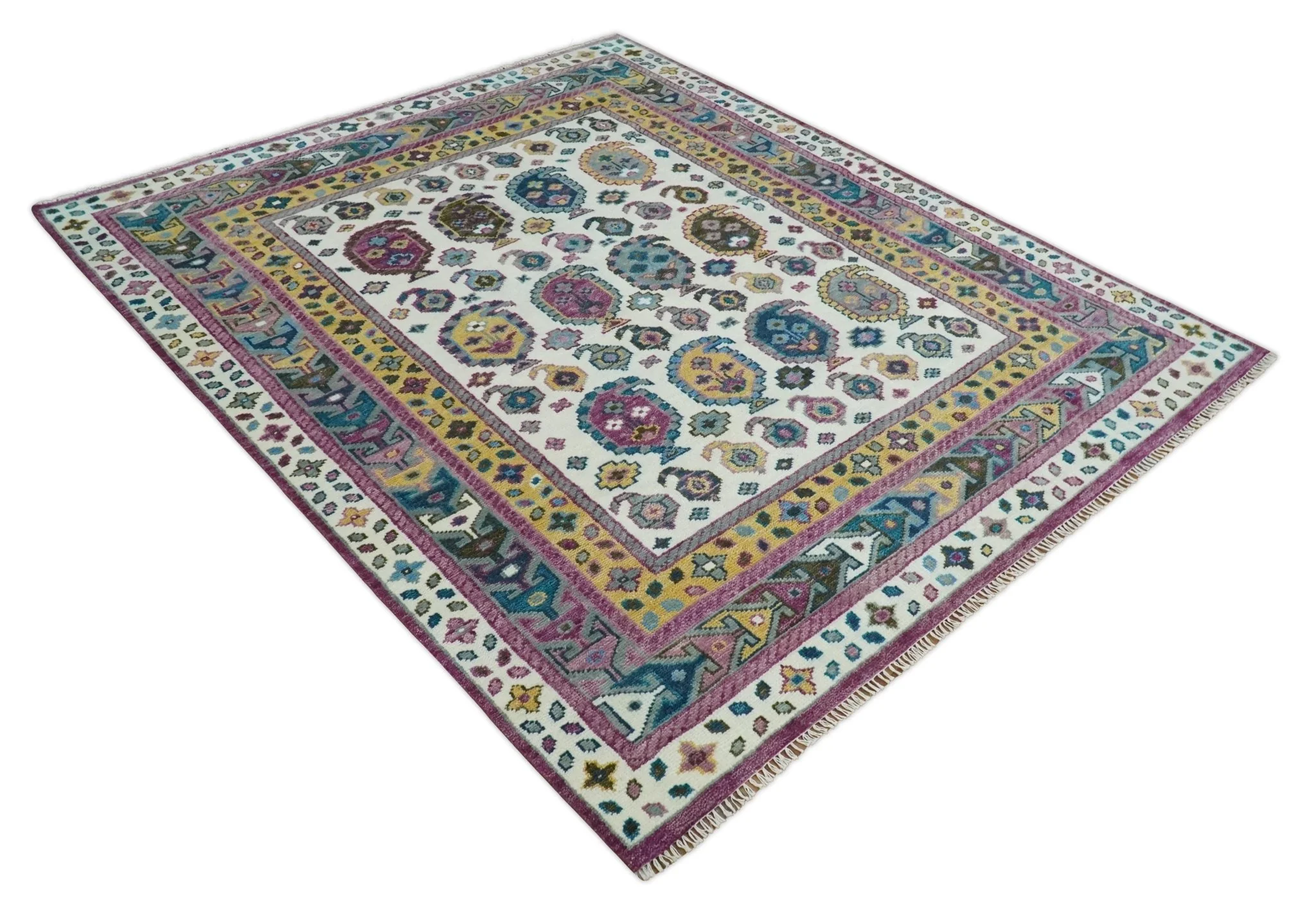 Ivory, Gold and Pink Hand knotted Traditional Boteh Design Multi size wool Area Rug - Image 10