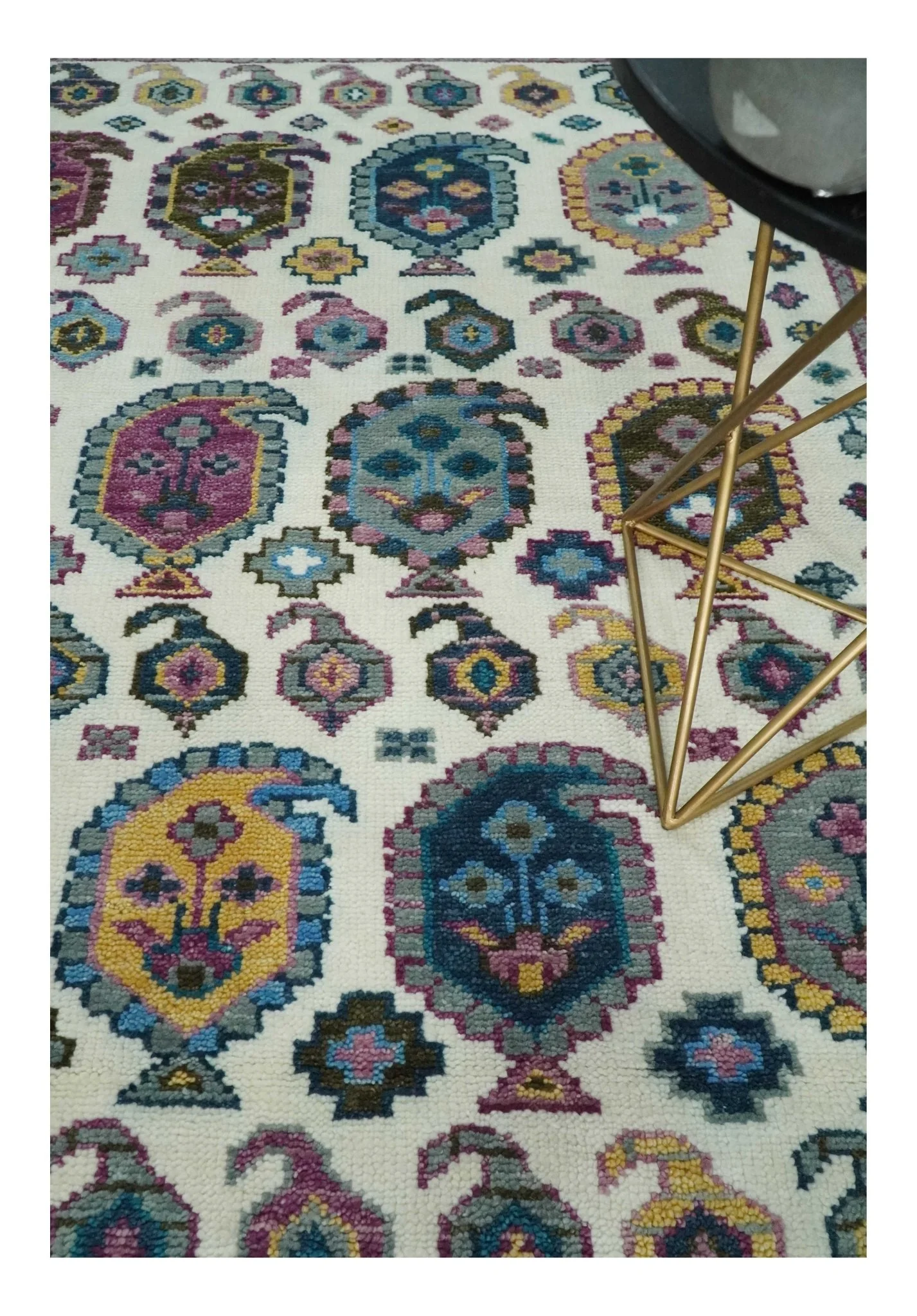 Ivory, Gold and Pink Hand knotted Traditional Boteh Design Multi size wool Area Rug - Image 2