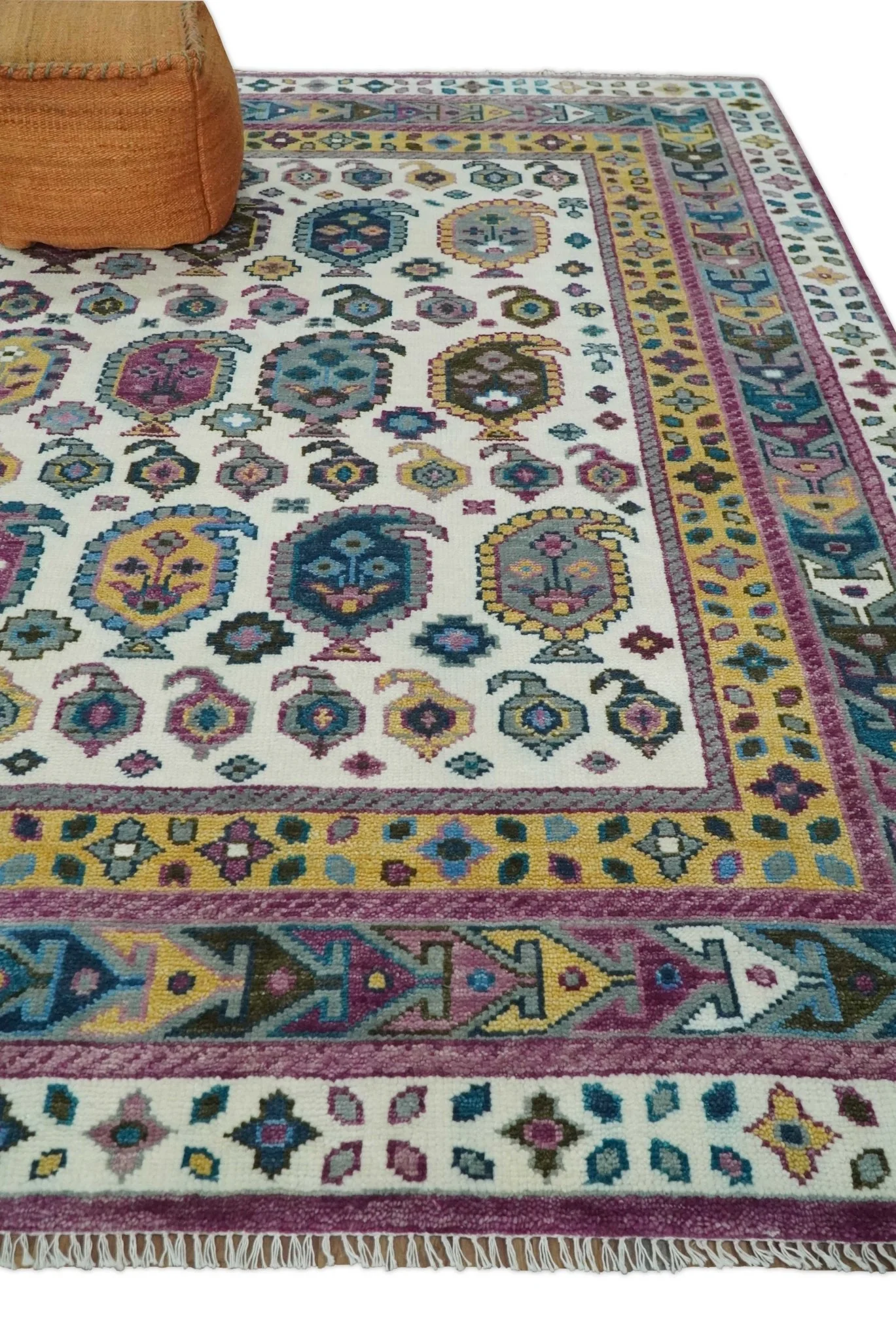 Ivory, Gold and Pink Hand knotted Traditional Boteh Design Multi size wool Area Rug - Image 3
