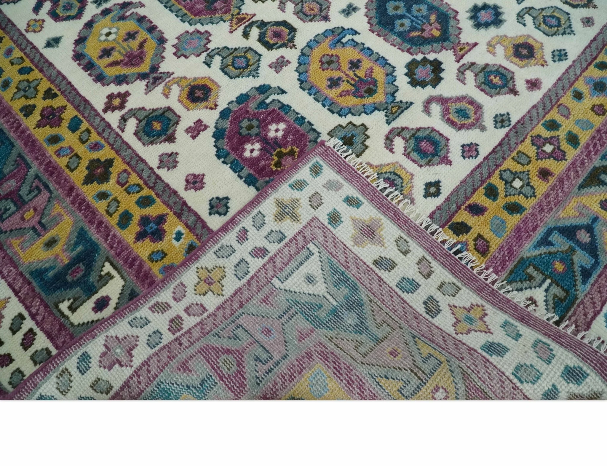 Ivory, Gold and Pink Hand knotted Traditional Boteh Design Multi size wool Area Rug - Image 7
