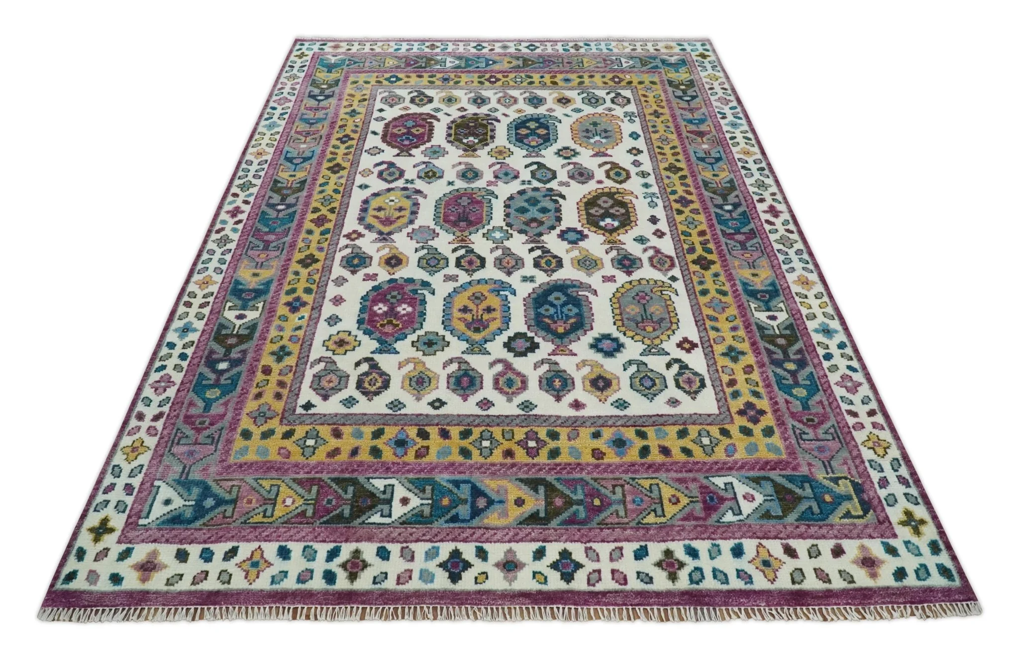Ivory, Gold and Pink Hand knotted Traditional Boteh Design Multi size wool Area Rug - Image 9