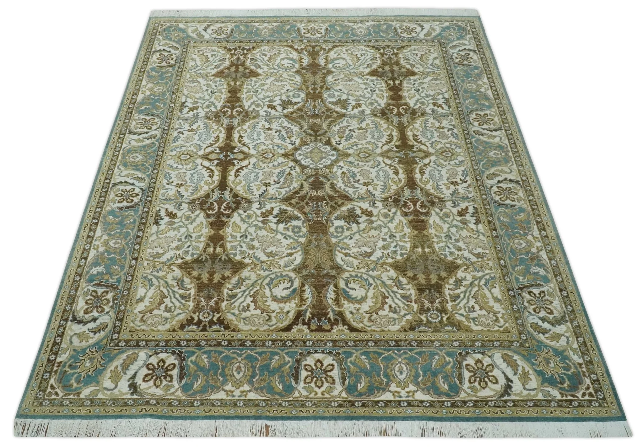 Antique Turkish 8x10 Hand Knotted Brown, Ivory and Blue Persian Rug | AC20810 - Image 9