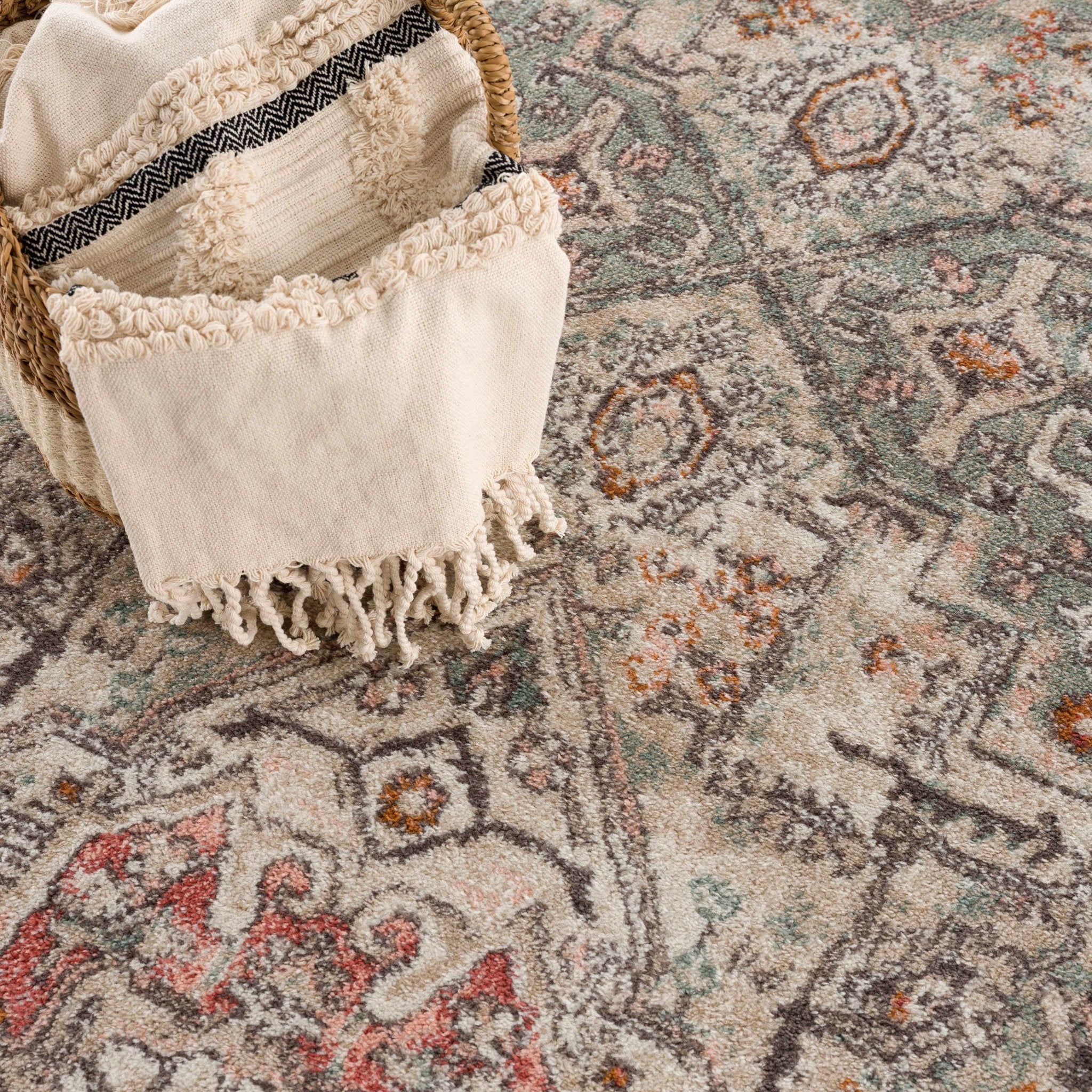 Vintage Look Green, Beige, Silver and Pink Machine Woven Area Rug - Image 13