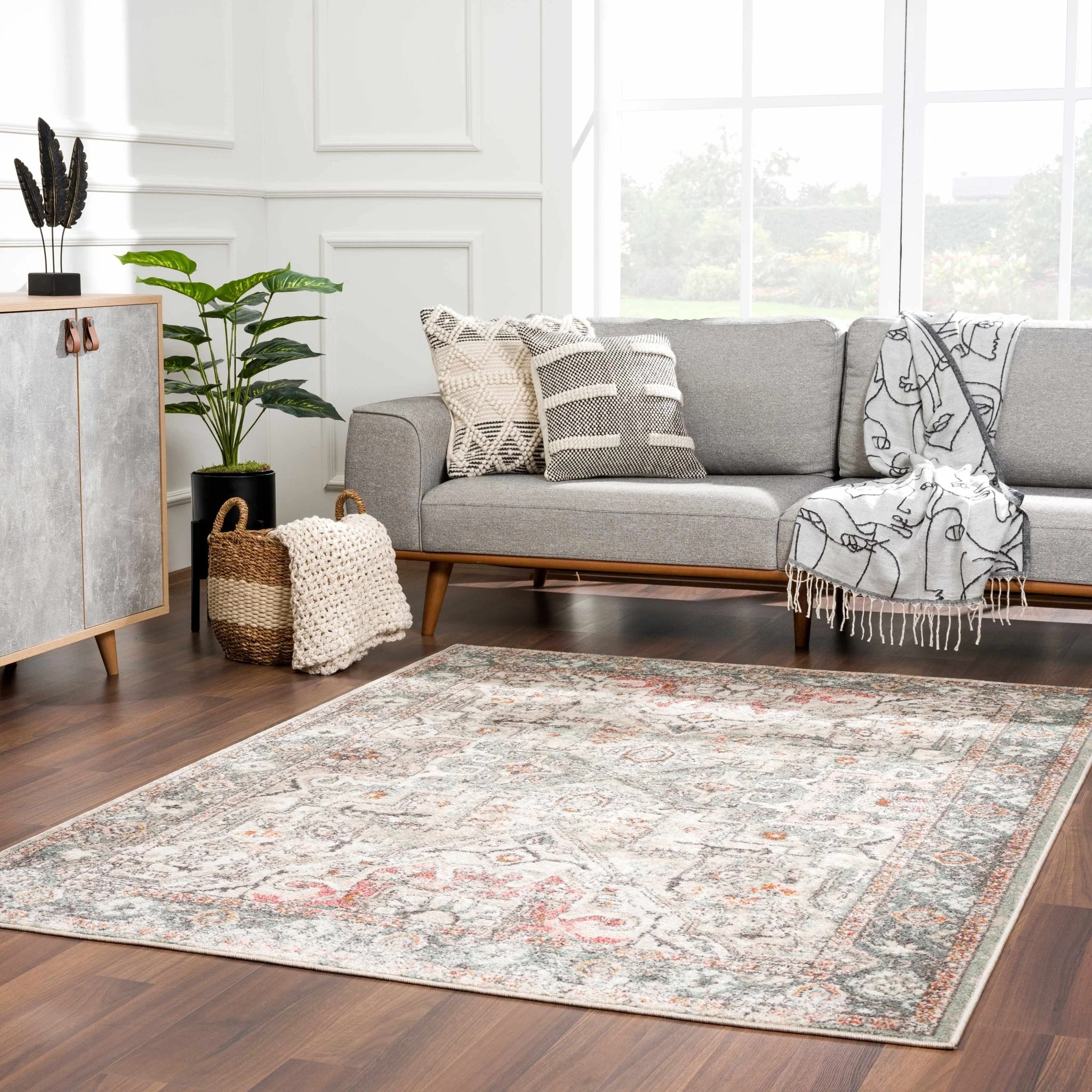 Vintage Look Green, Beige, Silver and Pink Machine Woven Area Rug - Image 14