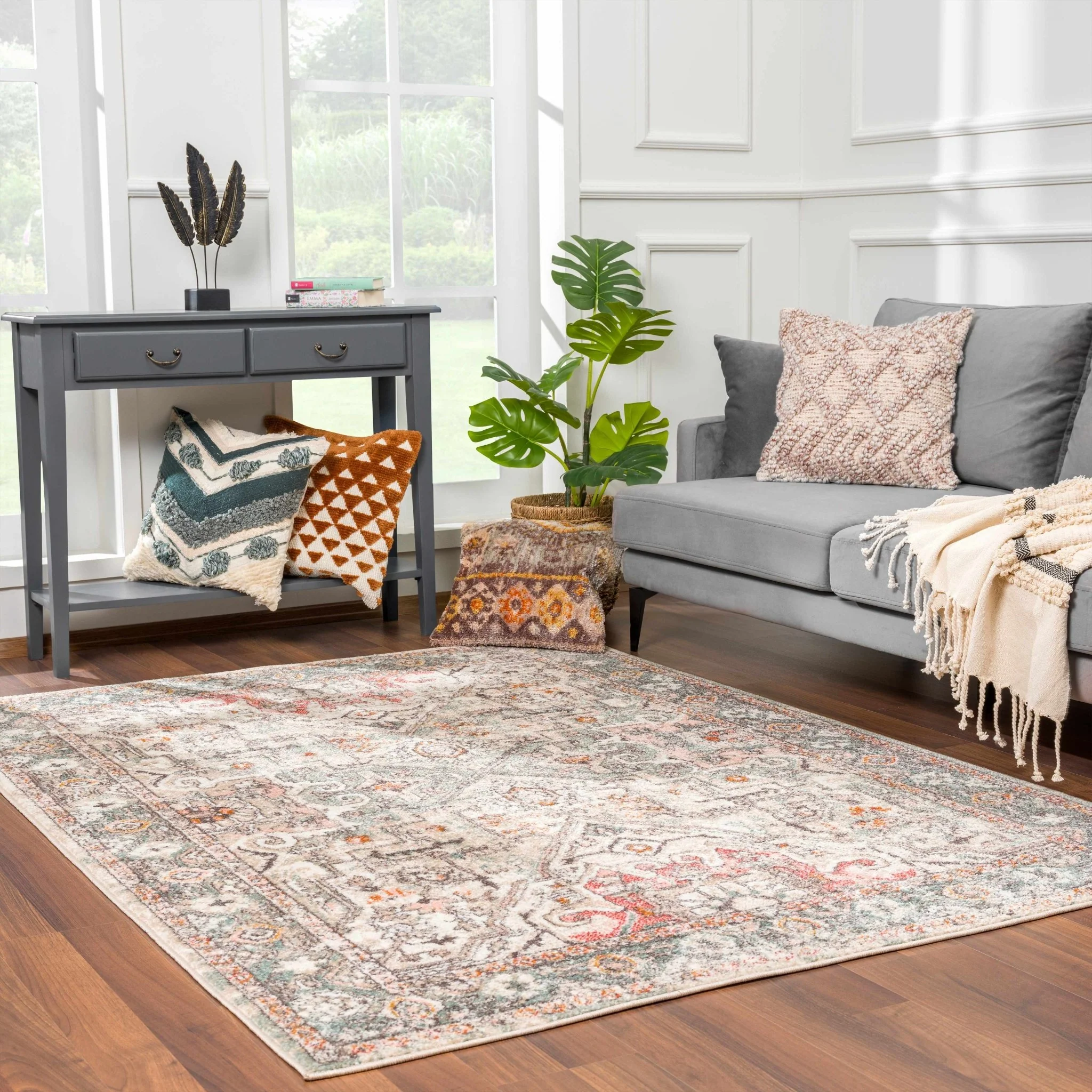 Vintage Look Green, Beige, Silver and Pink Machine Woven Area Rug - Image 15